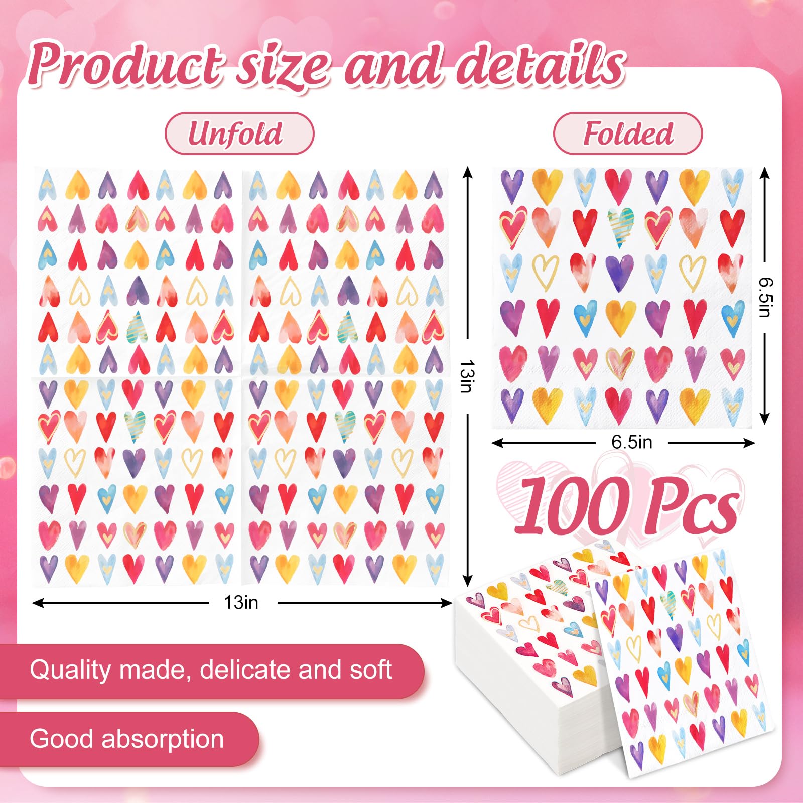 Anydesign 100Pcs Valentine'S Day Paper Napkins Colorful Hearts Disposable Luncheon Napkins Love Hearts Dessert Dinner Hand Napki