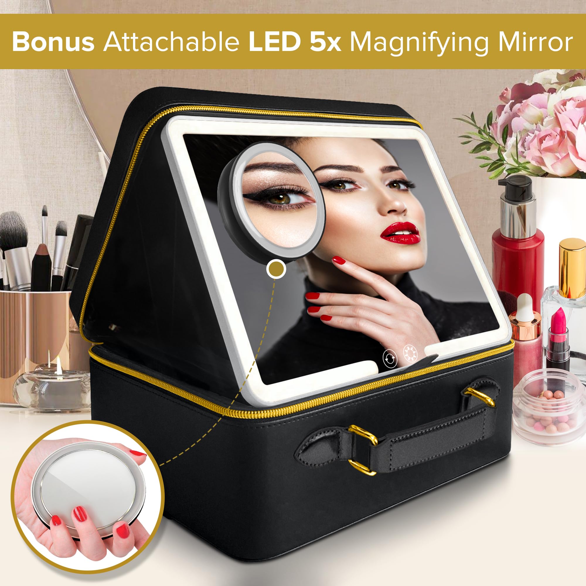 Jenni V Upscale Pu Leather Makeup Bag With Light Up Mirror, 3 Brightness Settings, Adjustable Dividers - Replace Your Bulky Vani