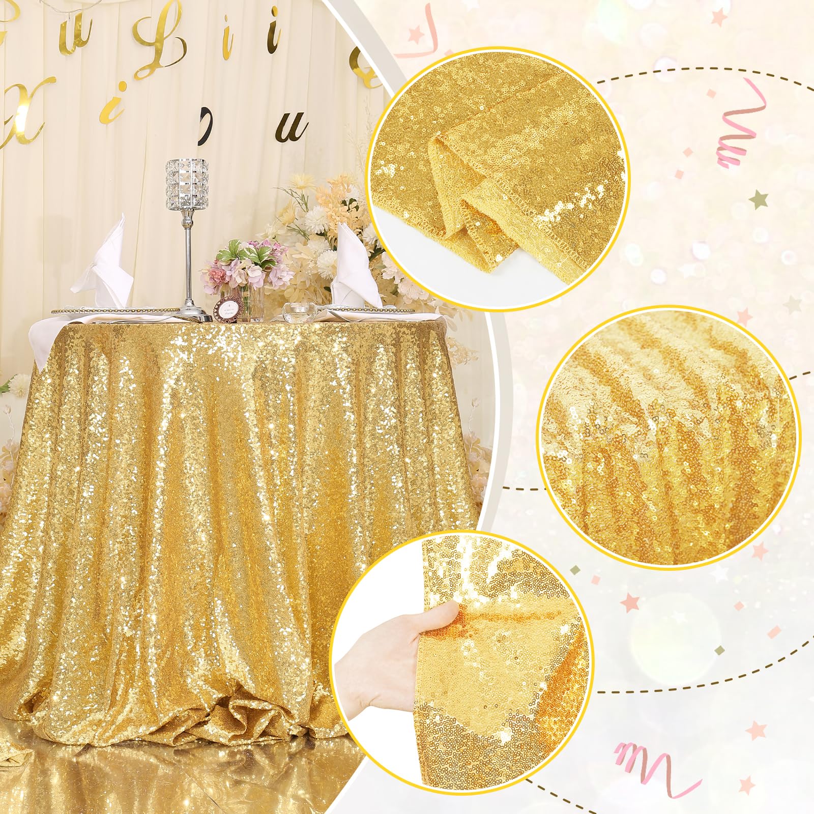 PartyDelight Gold Sequin Tablecloth 50X50 Square Sparkly Table Cloths for Wedding Party Decorations