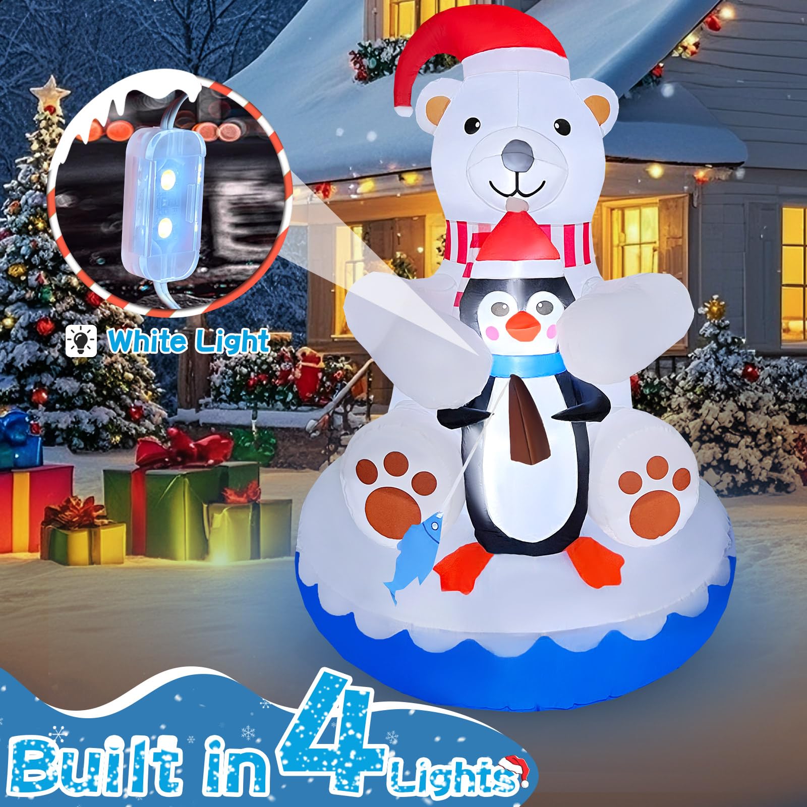 GIGLIM 6FT Christmas Inflatable Polar Bear & Penguin Decor, White & Red, 210T Polyester, with 4 Built-in LEDs for Outdoor Holiday Display