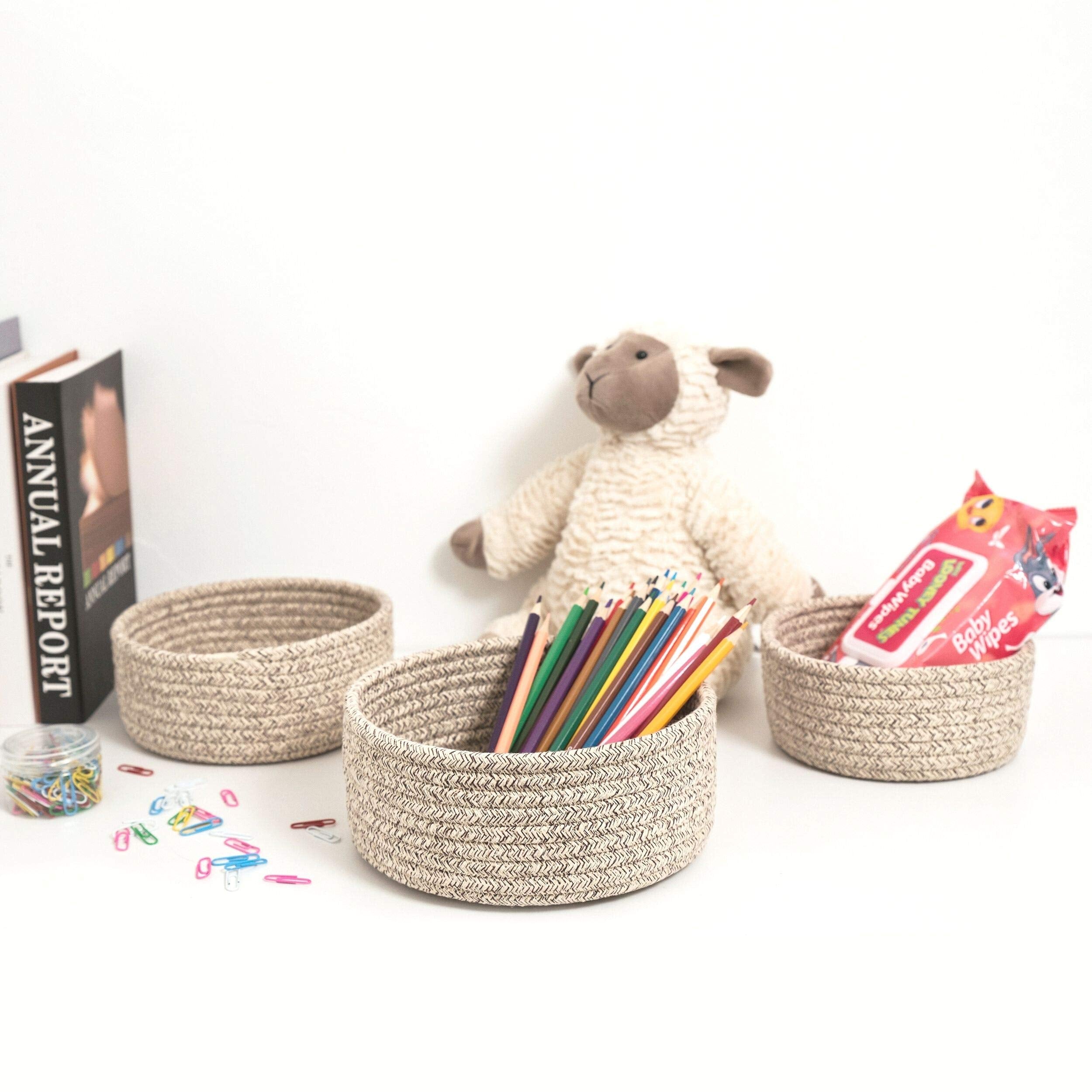 Mintwood Design Set Of 3 Cotton Rope Nesting Bowls, Small Catch All Basket, Cute Closet Baskets And Bins For Shelves, Mini Table