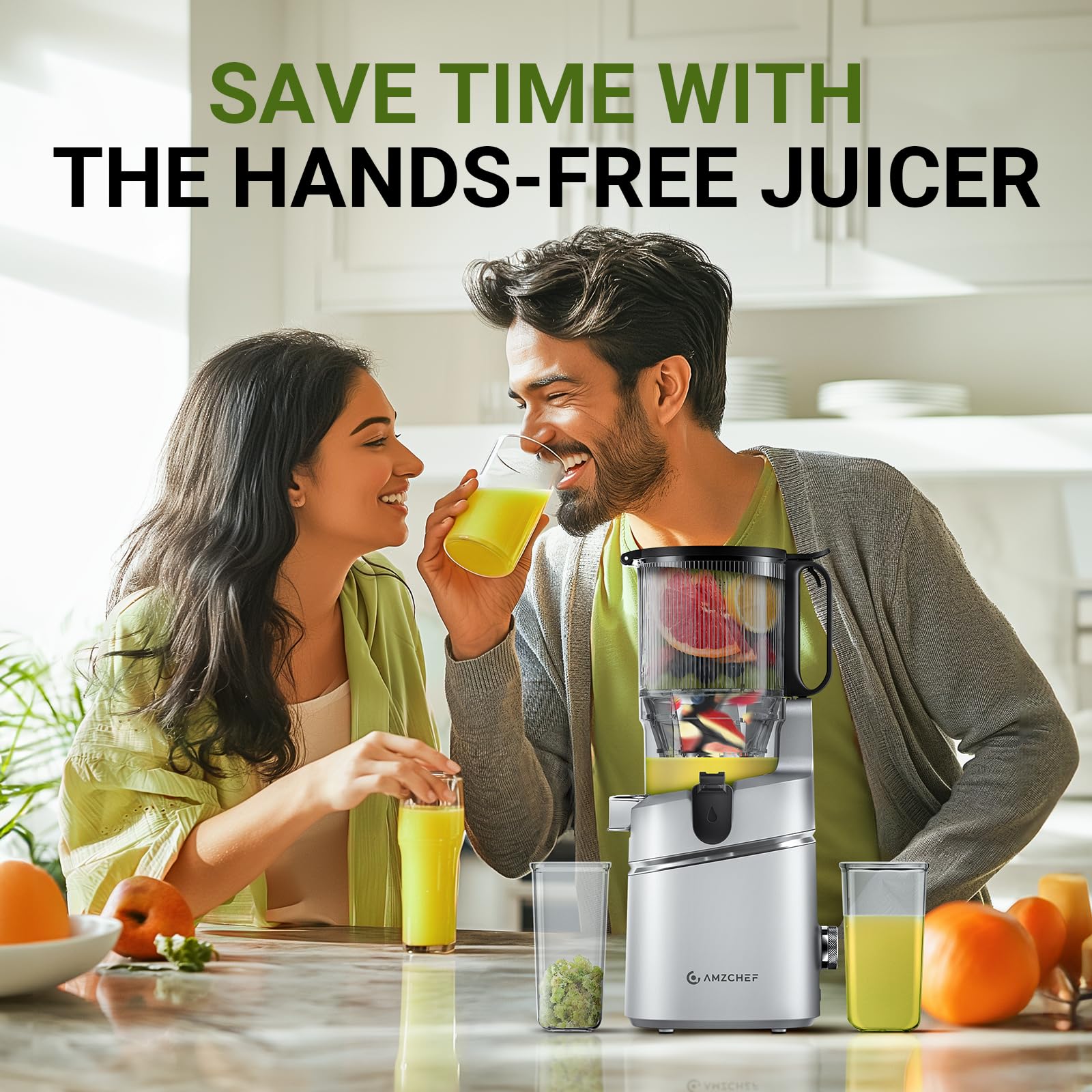 amzchef Masticating Juicer ZM1501, Cold Press Slow Juicer, Black, Plastic, Quiet Motor, Reverse Function, High Nutrient Extractor