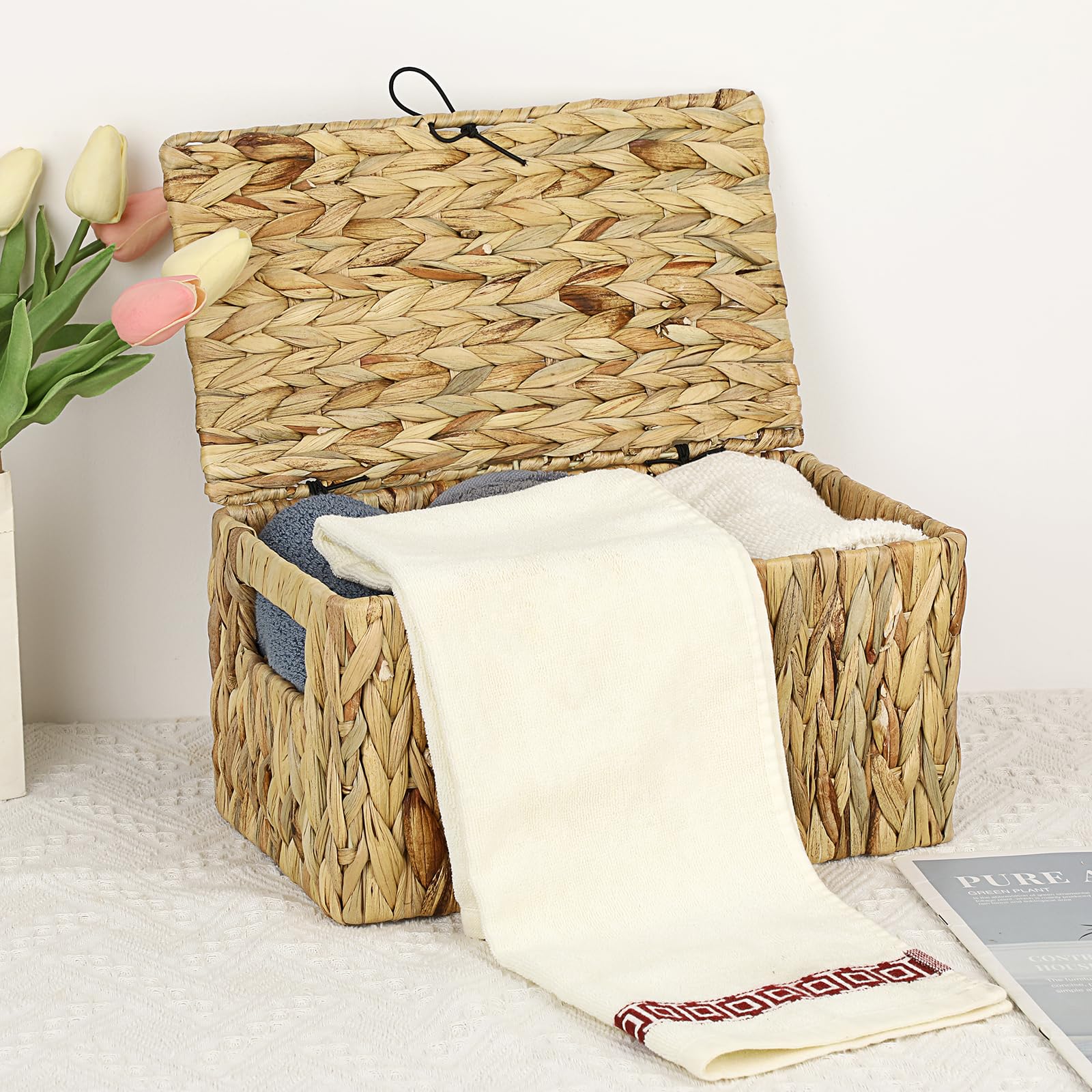 Hipiwe Wicker Baskets Bin For Shelf Organizing, Handwoven Water Hyacinth Storage Basket Bins With Lid, Decorative Basket Box Wit