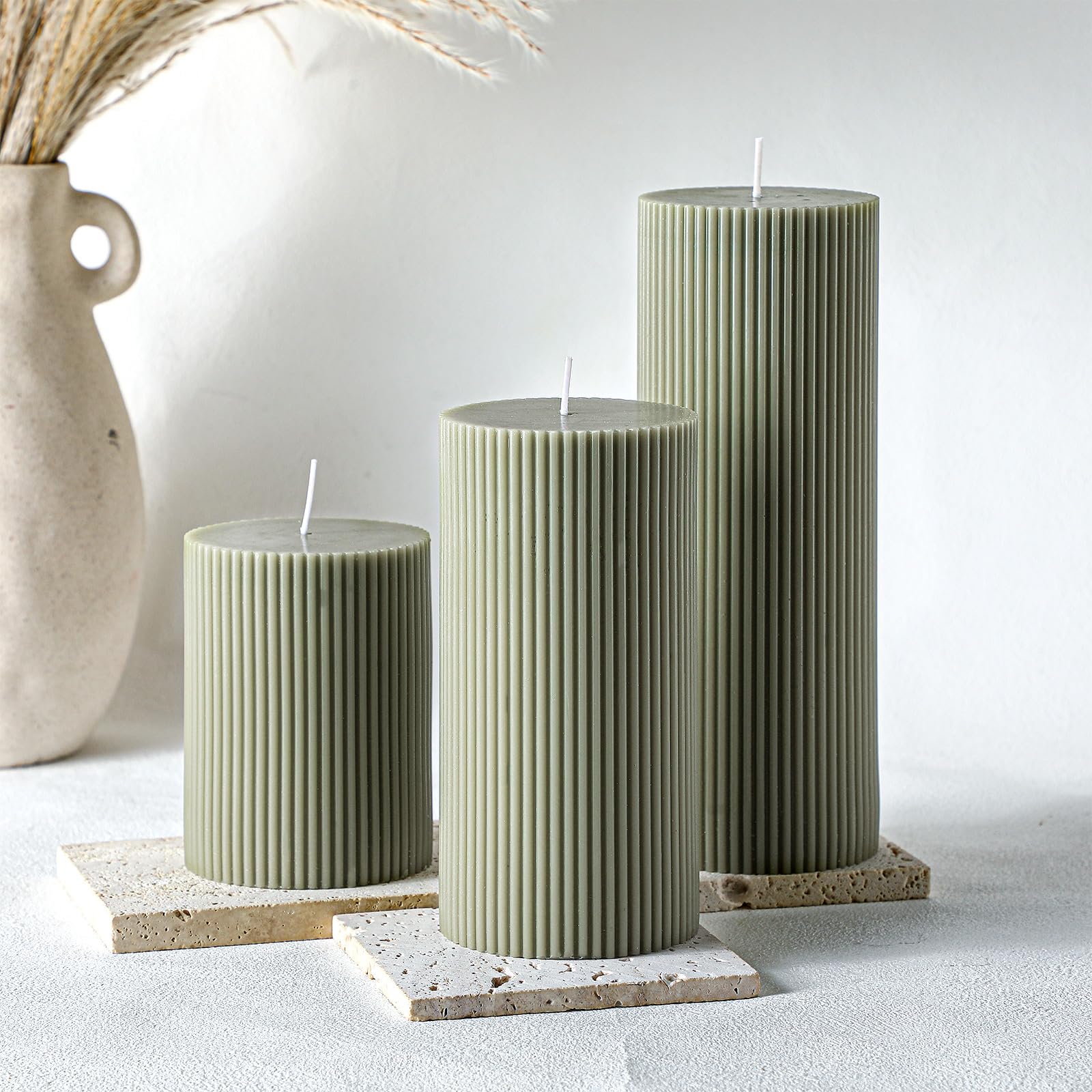 Conelist Ribbed Pillar Candles Set of 3, Width 3 High 4 6 8 Large Soy Wax Scented Pillar Candles Aesthetic Candles Ribbed Candle