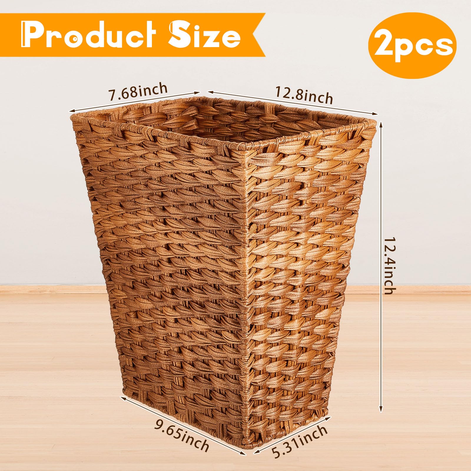Dandat 2 Pieces Small Woven Basket Trash Can Bathroom Waste Baskets Decorative Rectangular Trash Basket Bin Plastic Woven Garbag