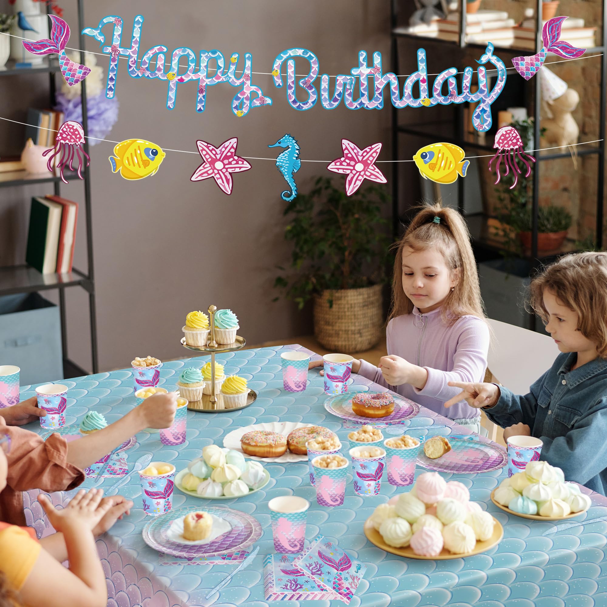 Sjjpdyy 171Pcs Mermaid Birthday Party Decorations Set Mermaid Party Supplies Includes Plates, Napkin, Fork, Cup, Tablecloth, Ban