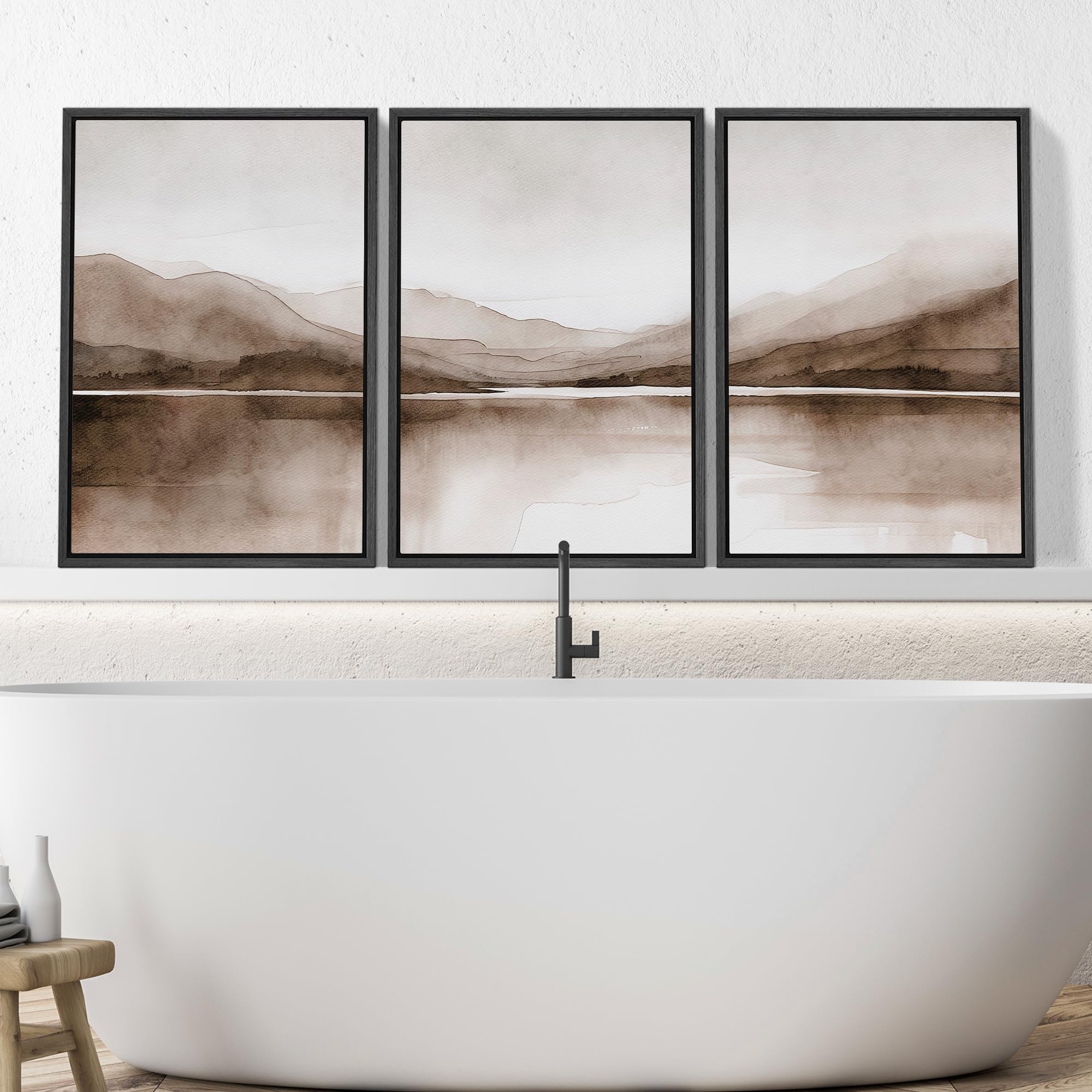 Signwin Framed Canvas Print Wall Art Mountain Landscape Modern Minimalist Brown And Gray Watercolor Nature Wilderness Modern Art