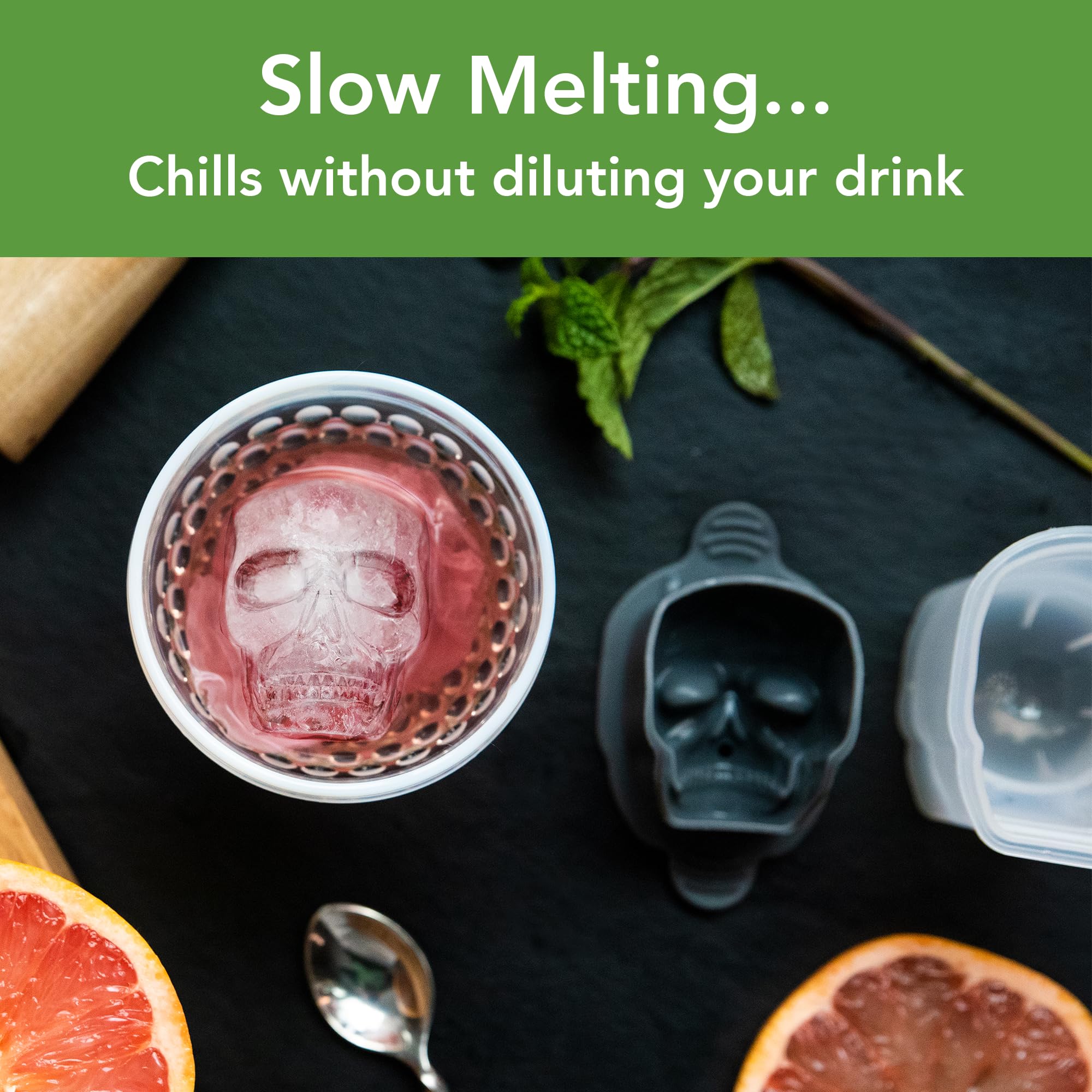 Tovolo Skull Shaped Ice Molds, Set Of 2 - Large Skull Ice Mold Gift - Unique Ice Mold Chills Drinks - Odor-Free Freezer Storage,