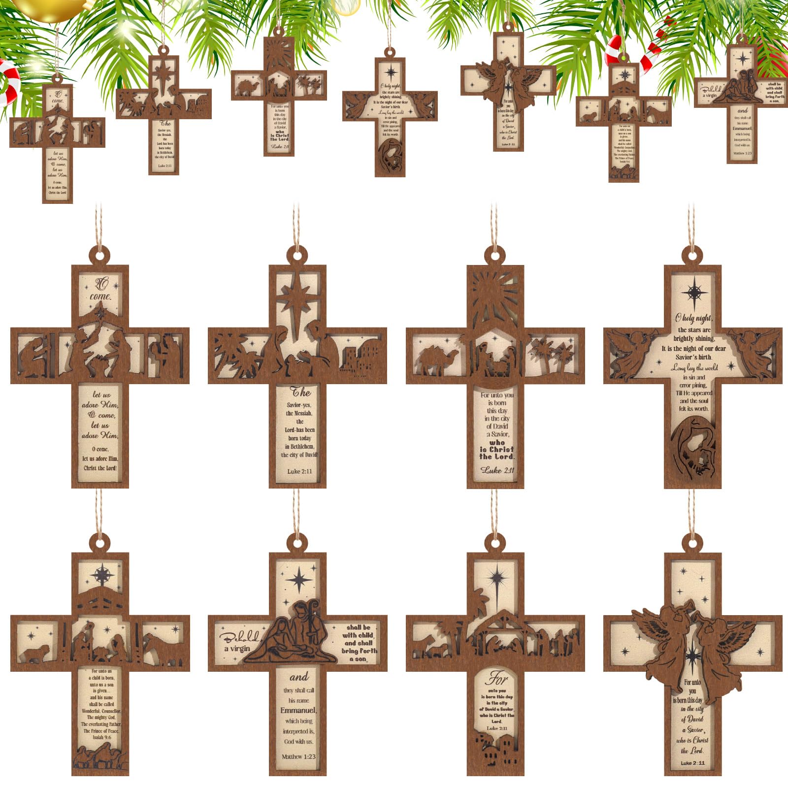 Seeloowy 24 Pcs Christmas Wooden Cross Ornaments for Tree Christian Religious Cross Hanging Ornaments Christian Nativity Scene G