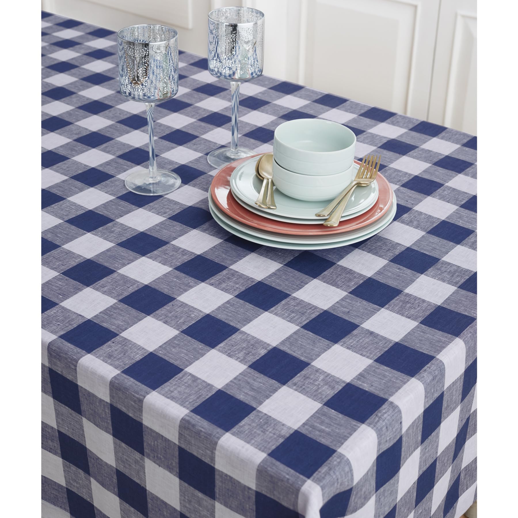 Solino Home Buffalo Check Linen Tablecloth 120'' L X 60'' W Inch - 100% Pure Linen Blue And White Table Cloth For Rectangle Tabl