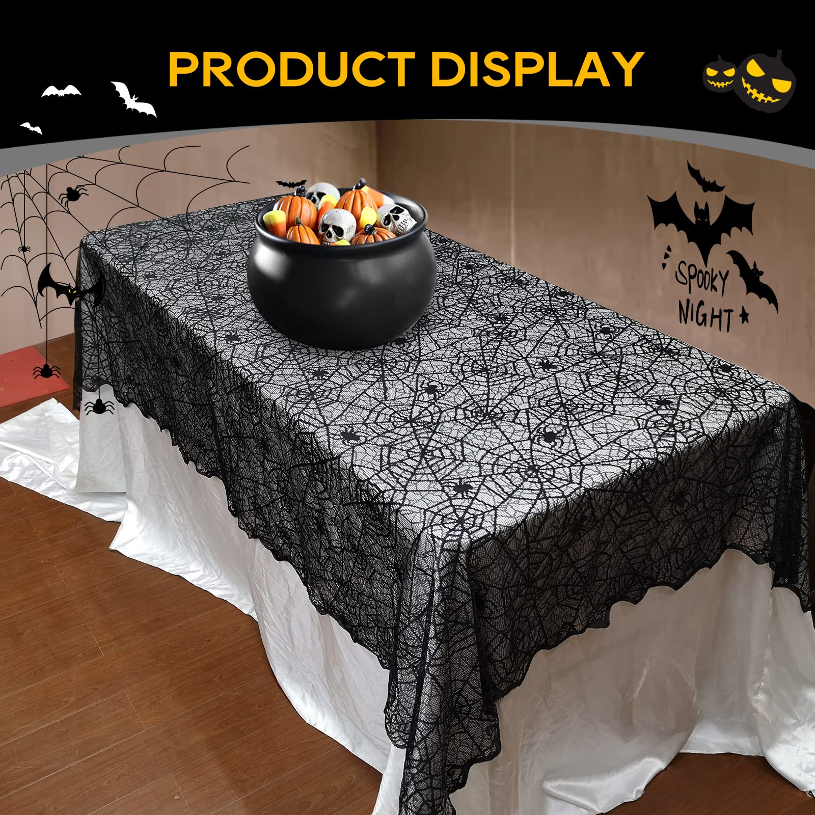 Ezakka Halloween Table Cloth, Spider Webs Tablecloths Black Tablecloth Lace Fabric Table Cloths Spooky Table Cover For Rectangle