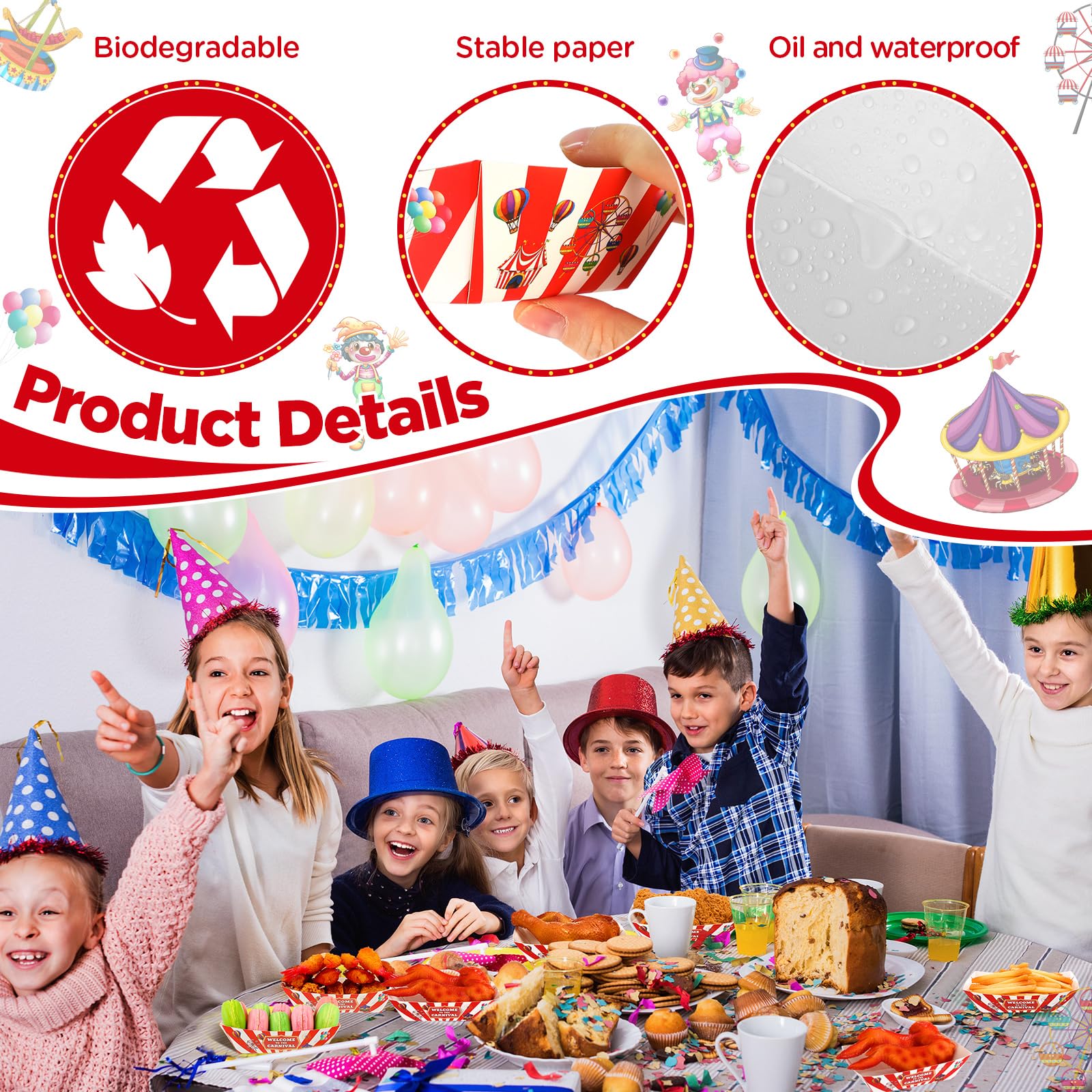 Tenceur 50 Pcs 2lb Carnival Food Trays Carnival Party Decorations Disposable Paper Food Serving Trays Nacho Hot Dog Boats Plates