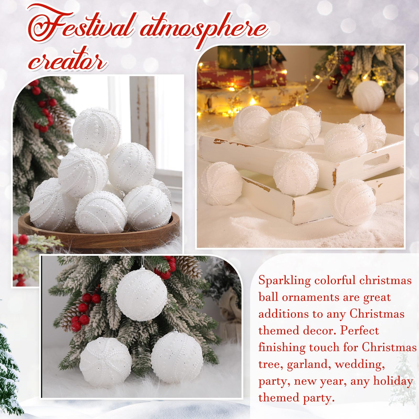 Leitee 12 Pcs 3.15 Glitter Christmas Balls Ornaments Sequin Shatterproof Foam Christmas Tree Decorations Glitter Hanging Pearl B