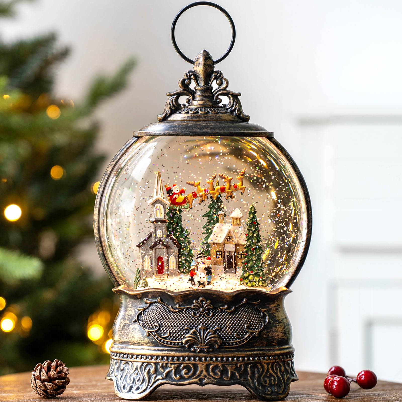 Christmas Snow Globes Lantern Snow Globe with Music Water Lantern Santa Flying Scene Elk Lighted Swirling Water Glitters Snowglo