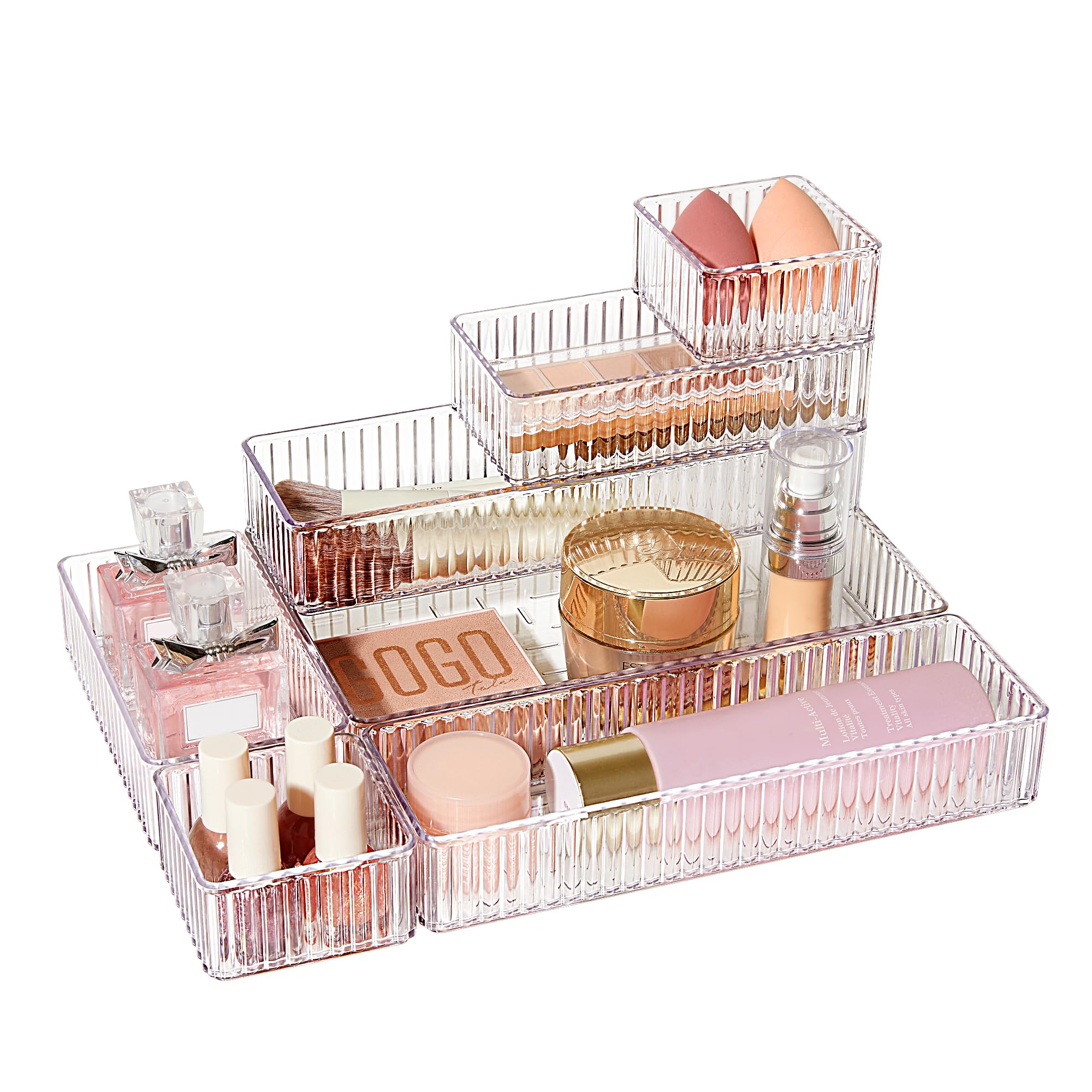 Vtopmart 7 PCS Clear Drawer Organizers Bins, 4-Size Stackable Makeup and Vanity Drawer Organizer Trays, Acrylic Bathroom Drawer