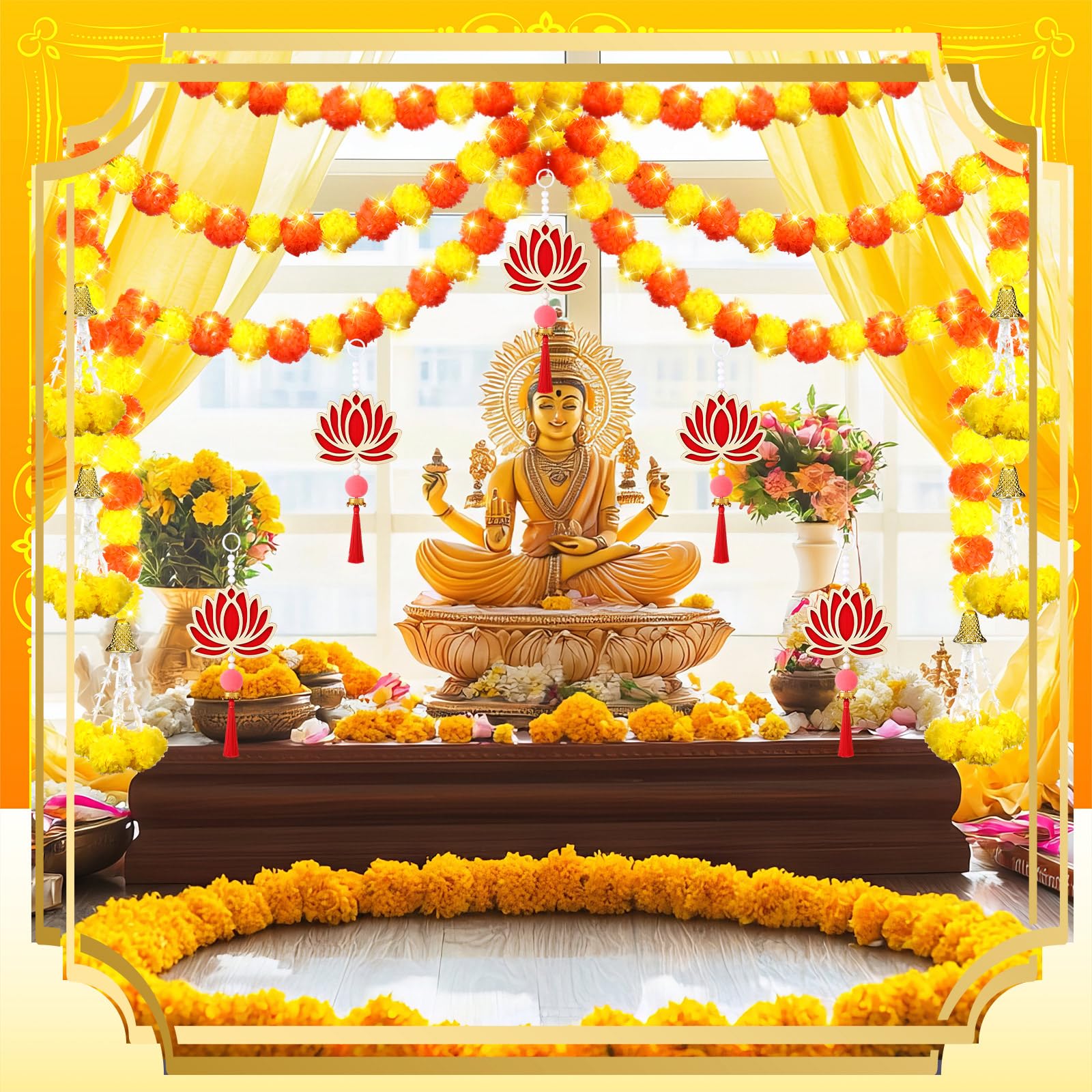11 Pcs Diwali Decoration 5 Pcs 4.92 ft Marigold Garland Decoration with String Light 6 Lotus Hanging Ornament Indian Decor for P