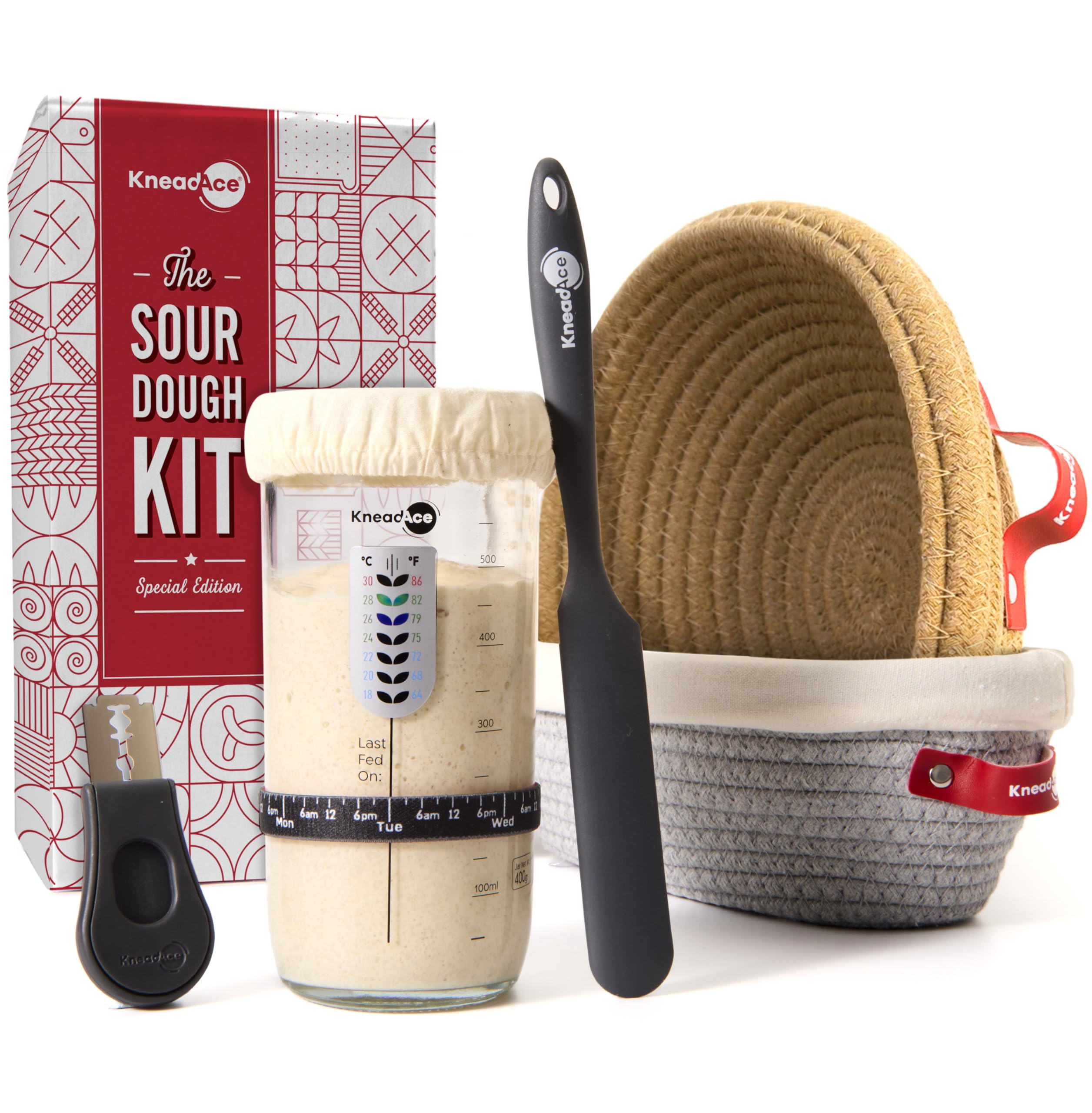 Kneadace Complete Sourdough Starter Kit, 24Oz Sourdough Starter Jar, Cotton Rope Proofing Baskets Bannetons, Bread Lame For Scor