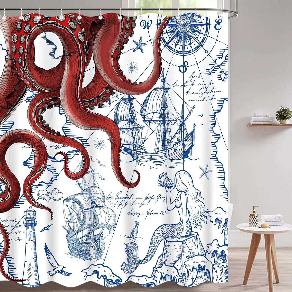 Fungarth Long Red Nautical Octopus Shower Curtain Navy Blue Mermaid Funny Ocean Kraken Shower Curtains For Bathroom Cool Anchor