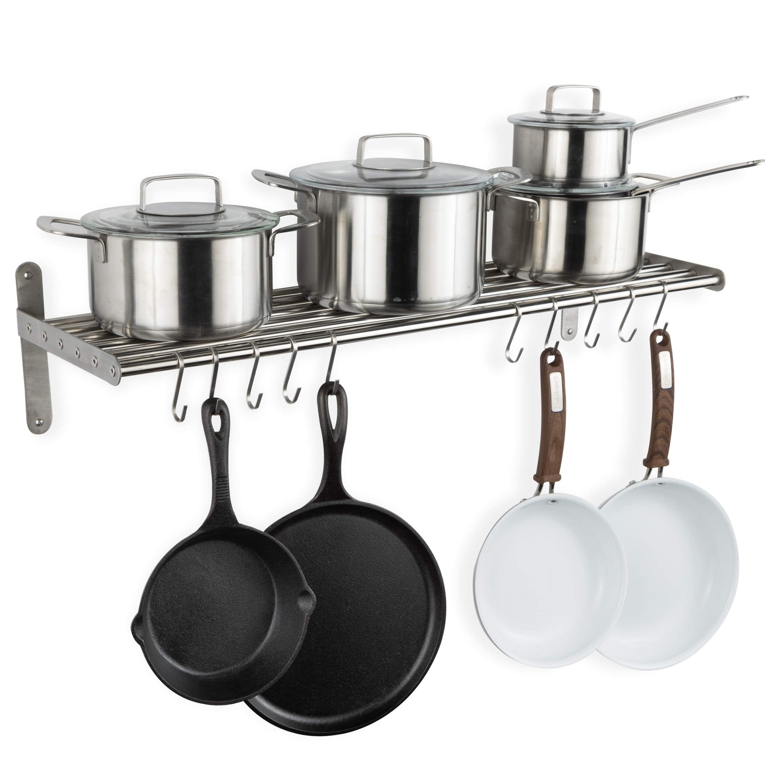 Wallniture Lyon Kitchen Organization And Storage Rack, Stainless Steel Metal Wall Shelf With 10 S Hooks For Hanging Pots And Pan