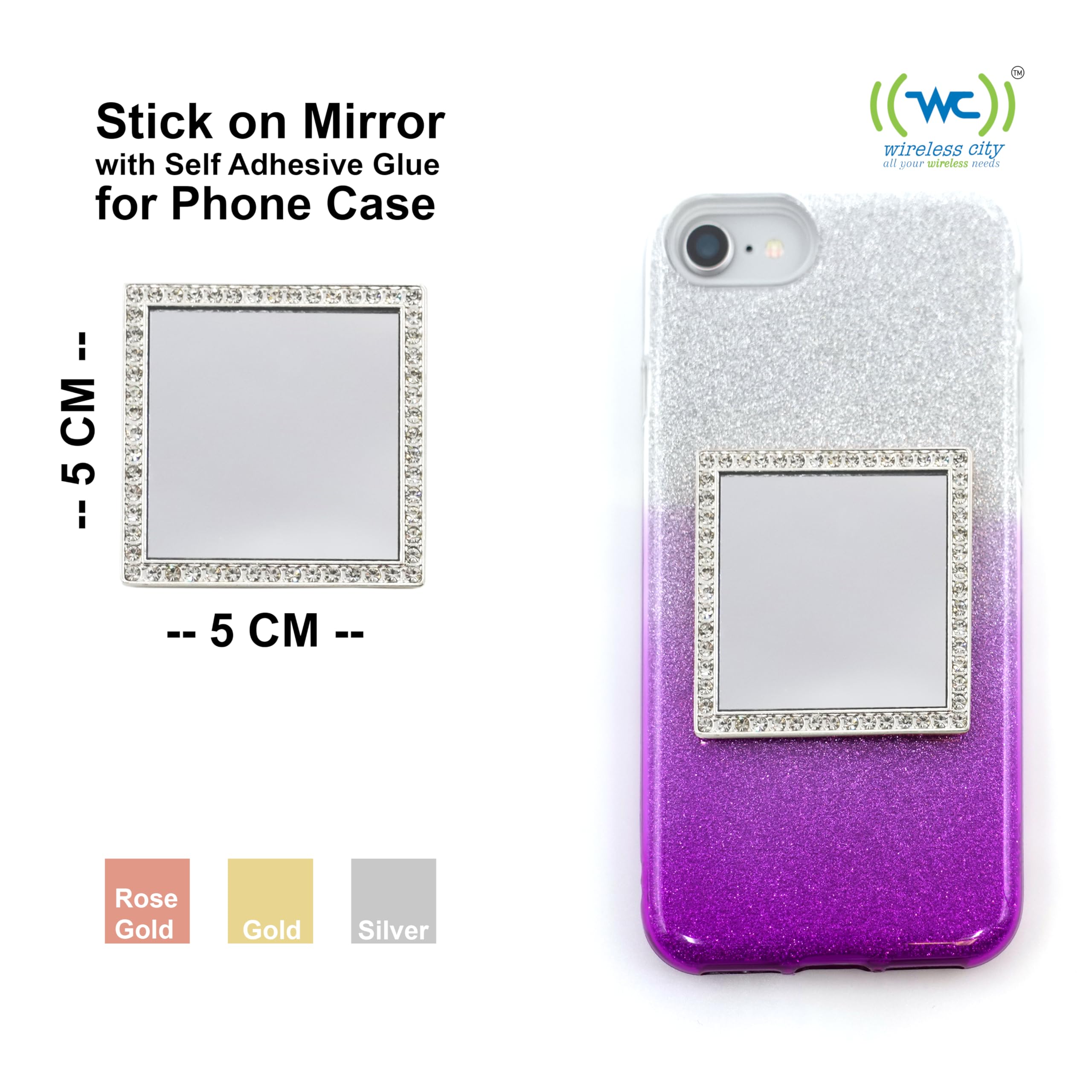 Wireless City Diamond Bling Makeup Mirror For Phone Case - Silver, Stick-On Vanity Mirror With Cubic Zirconia Stones, Universal