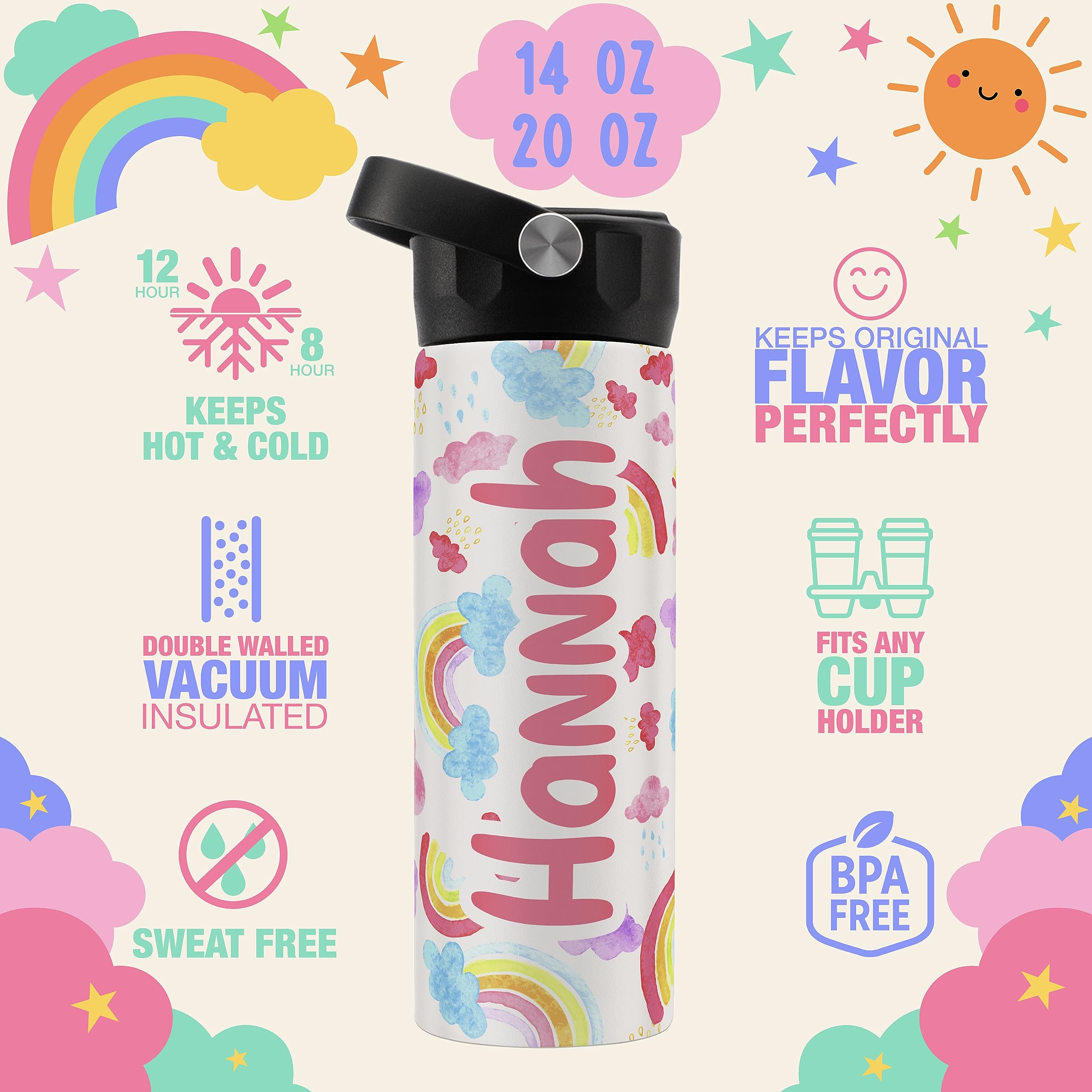 United Craft Supplies Personalized Kids Water Bottle W/Name - 14 Oz - 12 Designs - Bpa Free, Back To School Gifts, Custom Water