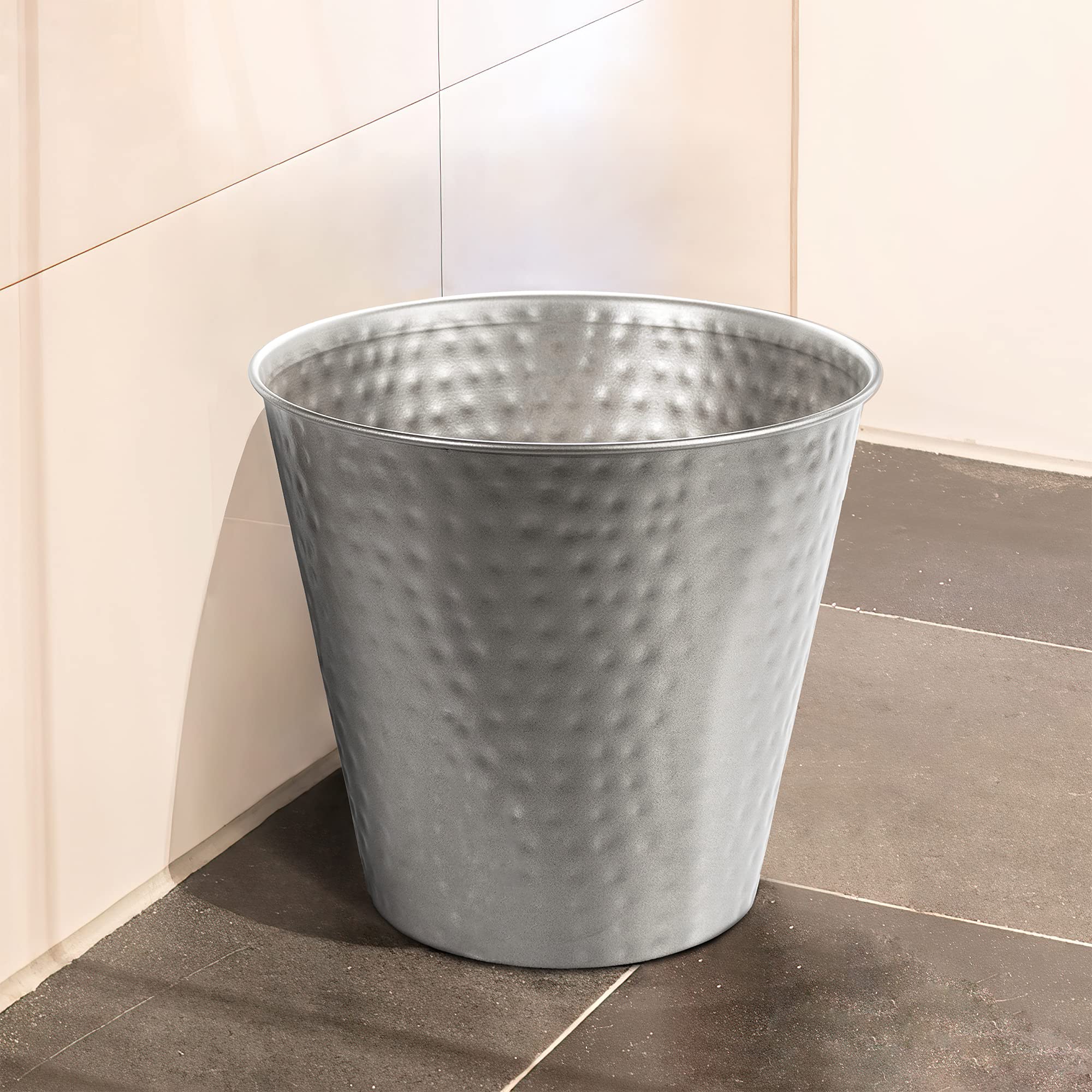 Monarch Abode Metal Wastebasket Trash Can, Hand Hammered, Bathroom Decor, Pewter