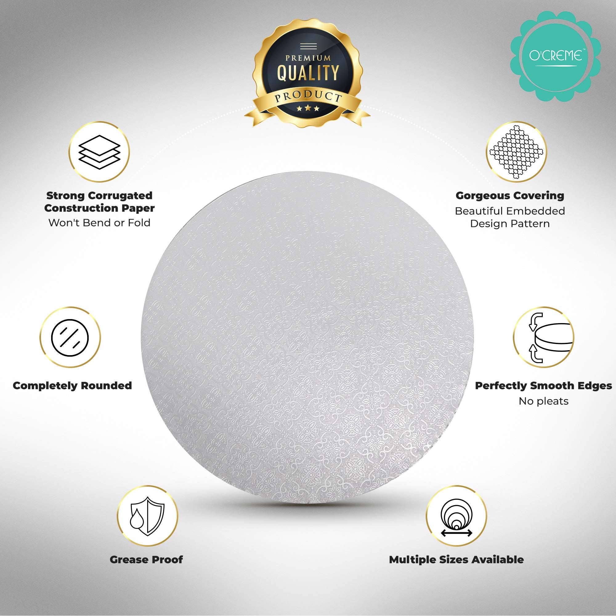Ocreme Cake Board, White Round Cake Circles With Gorgeous Design, Sturdy & Durable 1/2    Thick Cake Drums, Round Cake Boards Wi