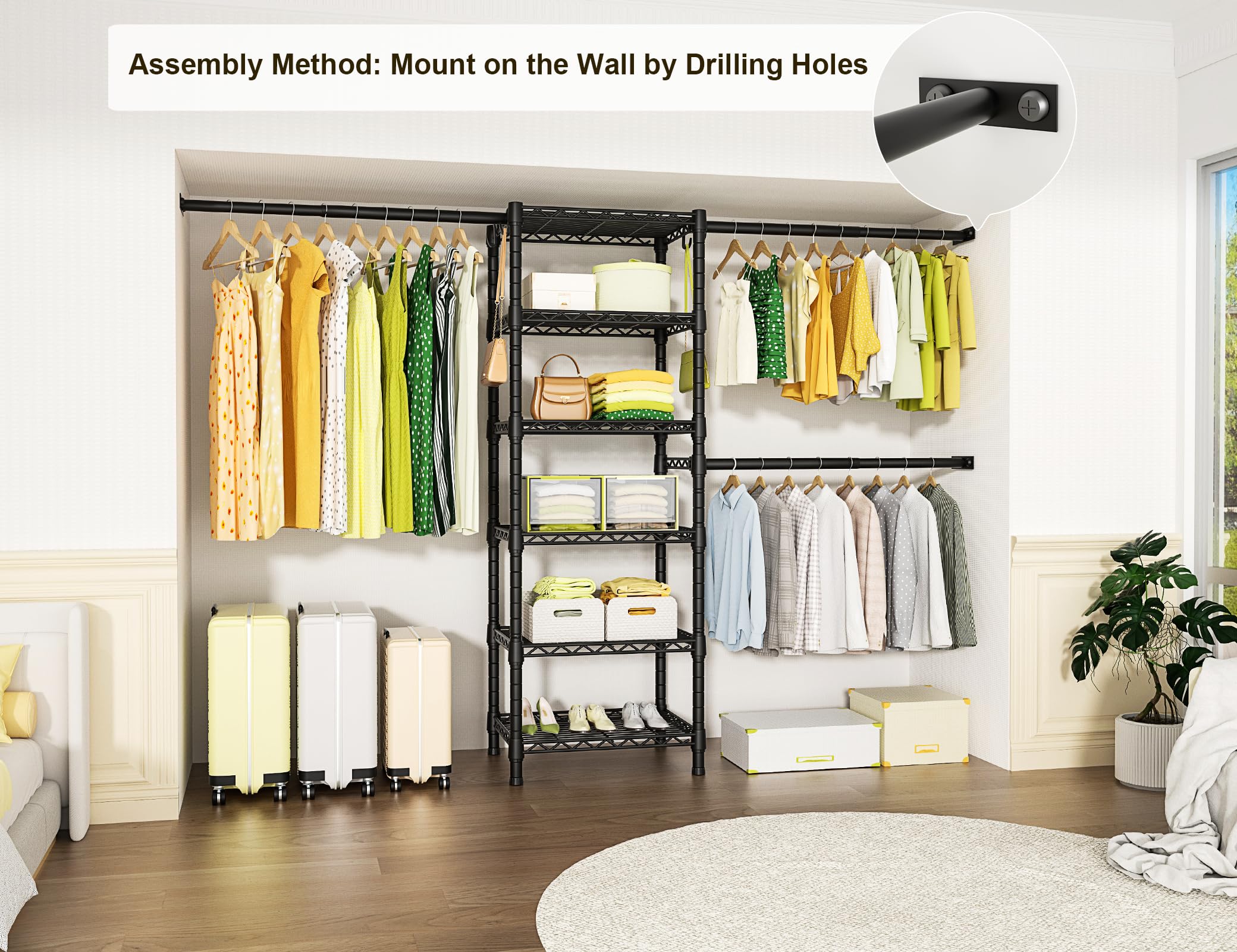 Ulif M5 Wall Mounted Clothes Garment Rack, Heavy Duty Closet Storage And Organizer System With 6 Shelves And 3 Expandable Hanger