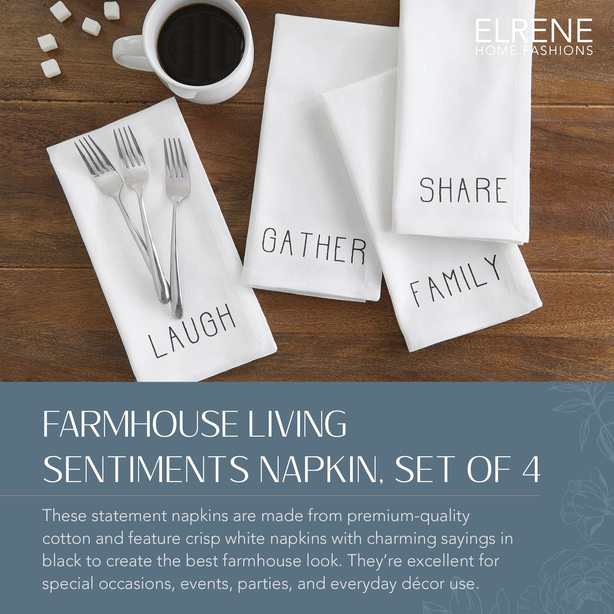 Elrene Home Fashions Farmhouse Living Sentiments Napkins, 20'' X 20'' (Set Of 4), Black/White 4