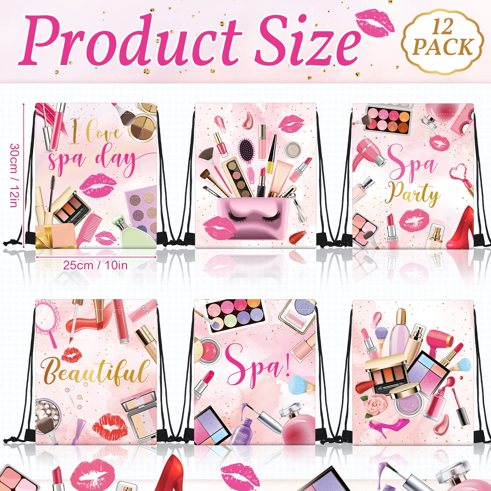 Equsion 12 Pcs Spa Party Favor Bags Drawstring Backpack Spa Party Gift Bags Supplies for Girls Women Makeup Birthday Decorations