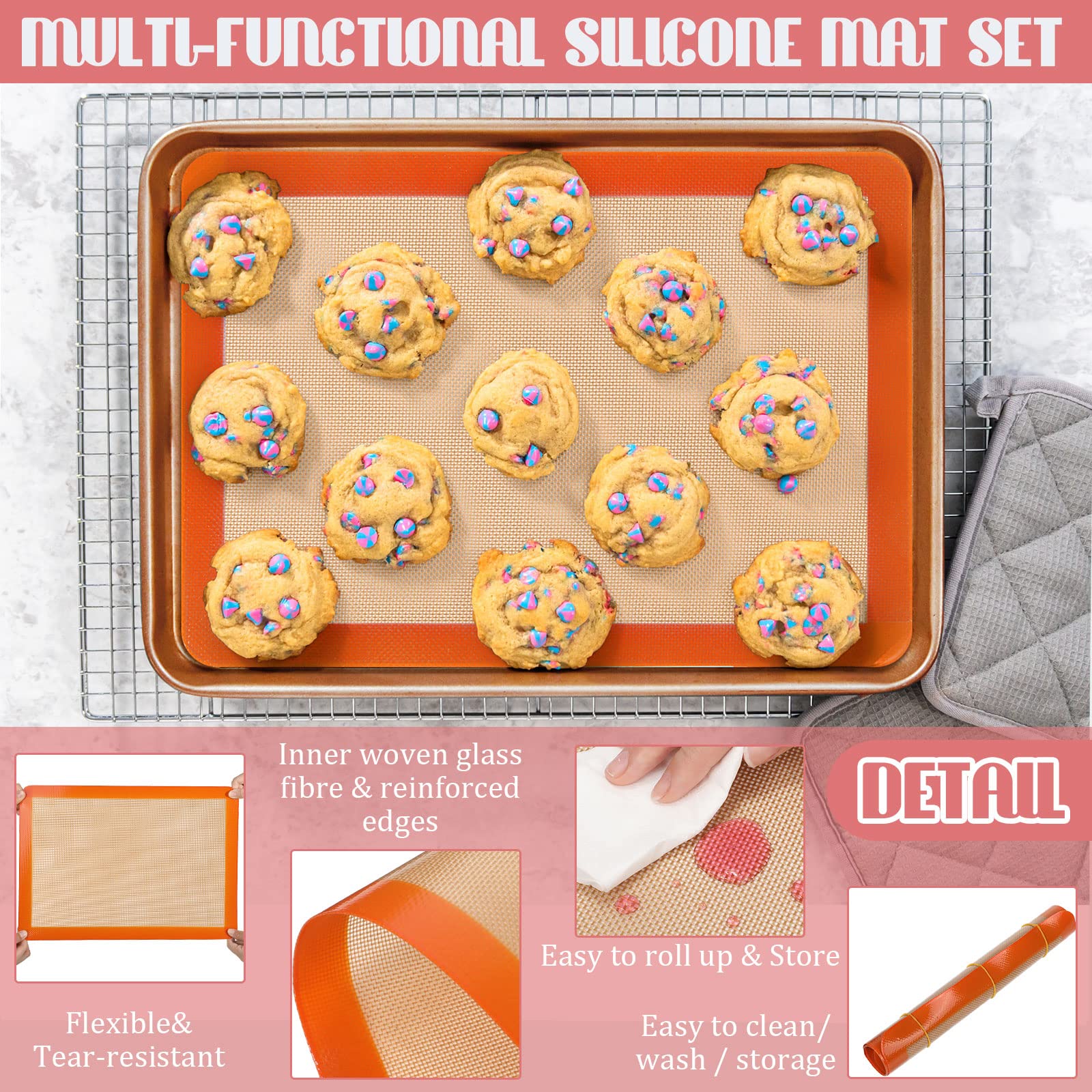 Nuanchu 8 Pieces Silicone Baking Mat Set Non-Stick Mats For Baking Half Sheet Silicone Mats Cookie Sheet Easy Clean Oven Baking