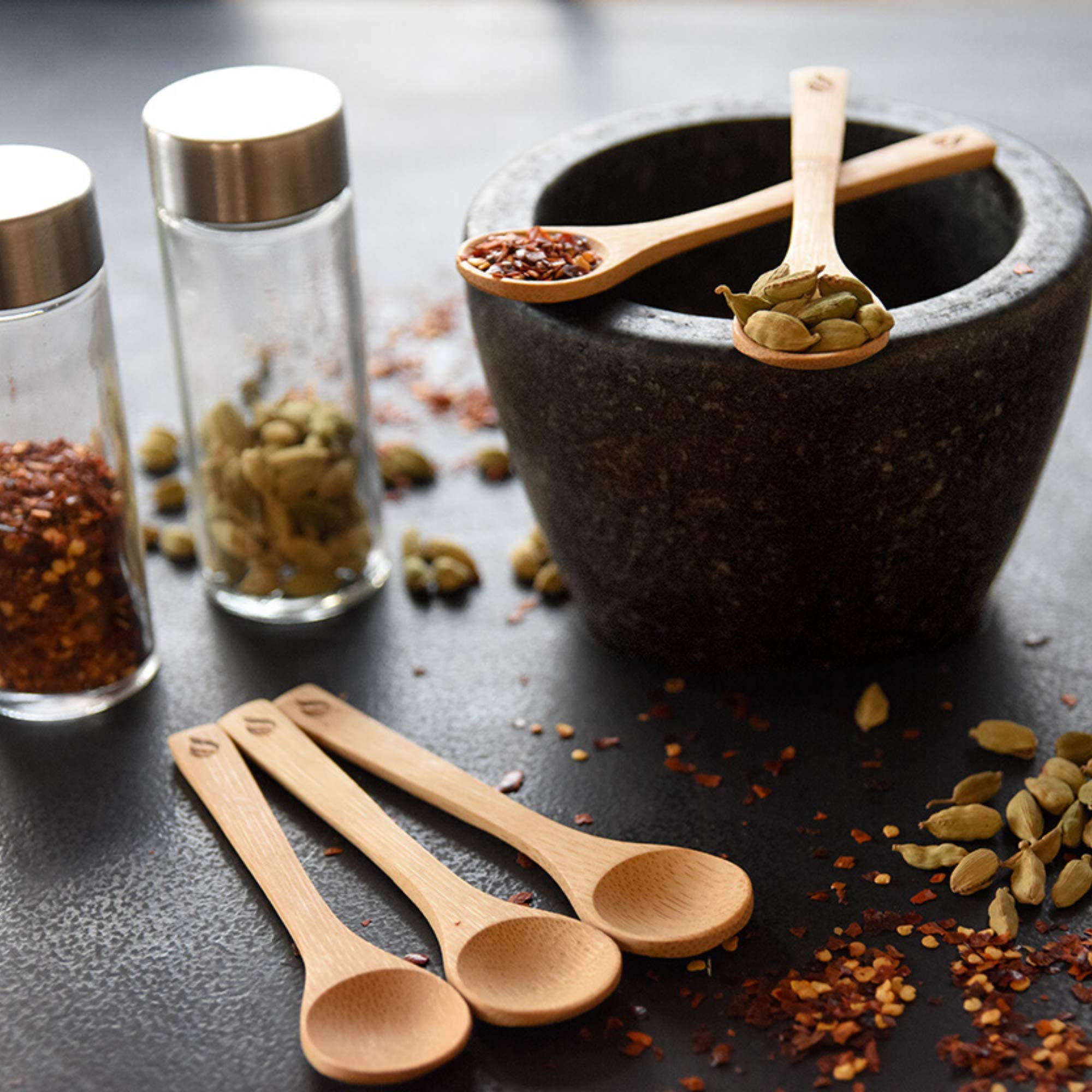 Golden Nature Bamboo Spoon Set (5 Pc), Small Kitchen Teaspoons, Tiny Wooden Spoons Perfect For Sugar, Spices, Seasoning, Coffee,