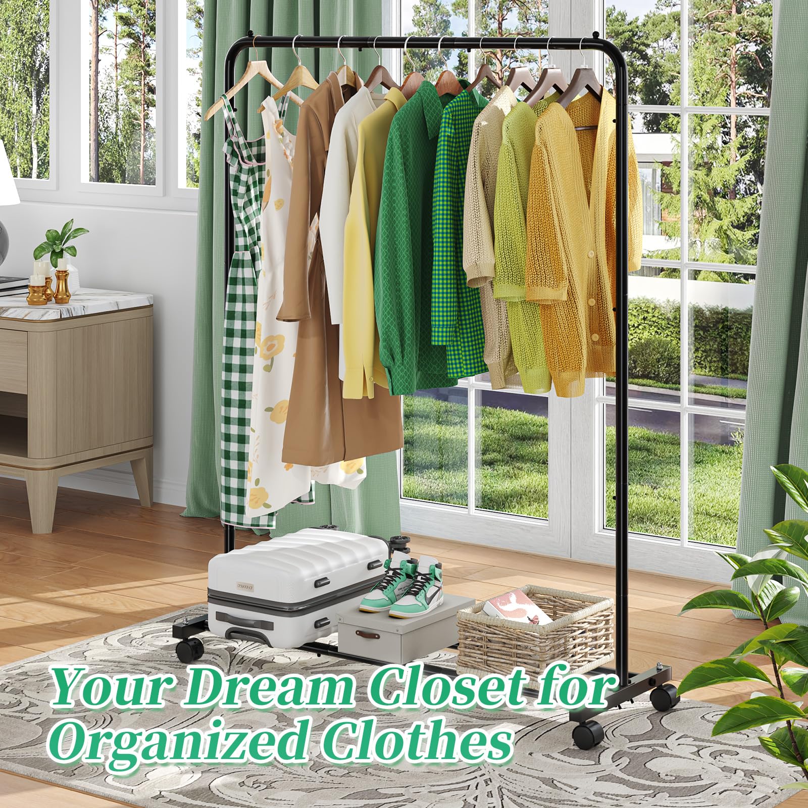 Simple Trending Standard Clothes Clothing Garment Rack With Storage Shelves, Rolling Clothes Organizer On Wheels For Hanging Clo