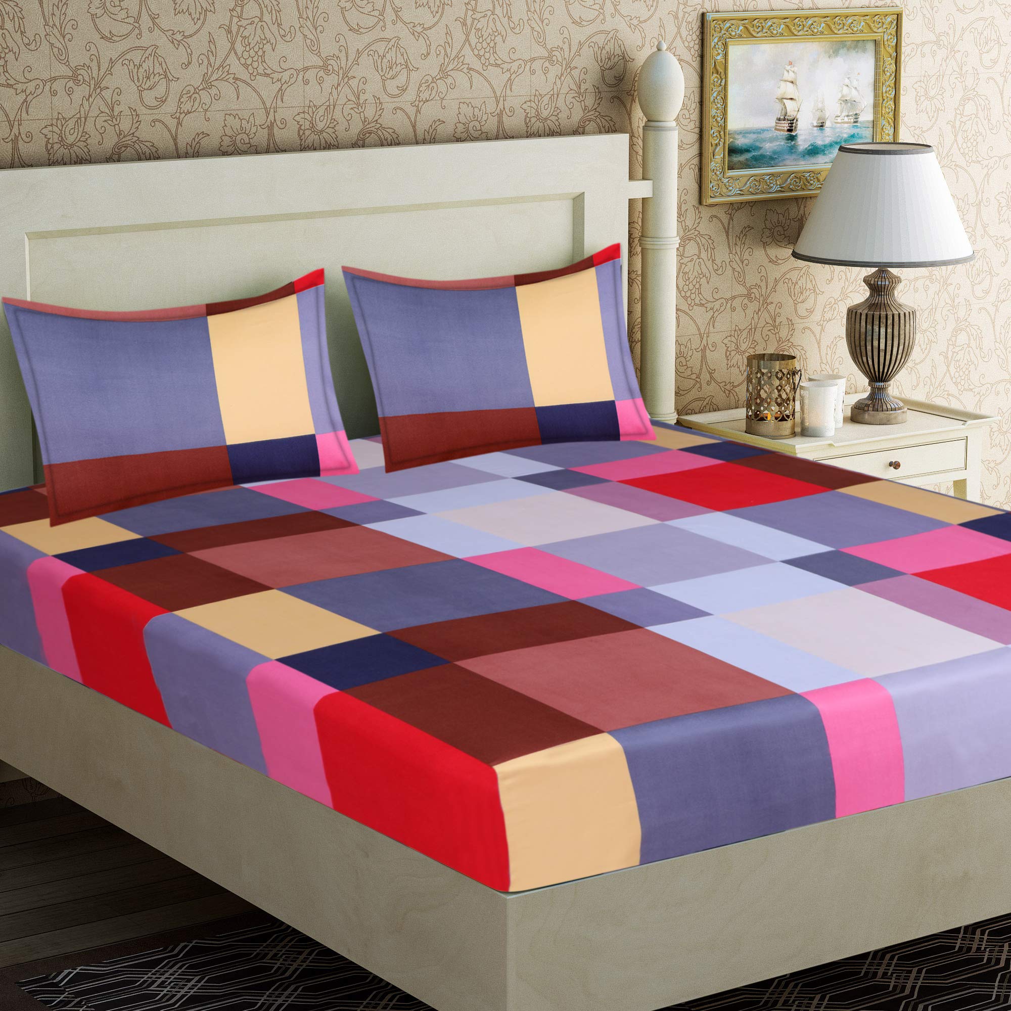 Good Homes 160 Tc Colorful Checkered Microfiber 3D Double Bed Sheet With 2 Pillow Covers