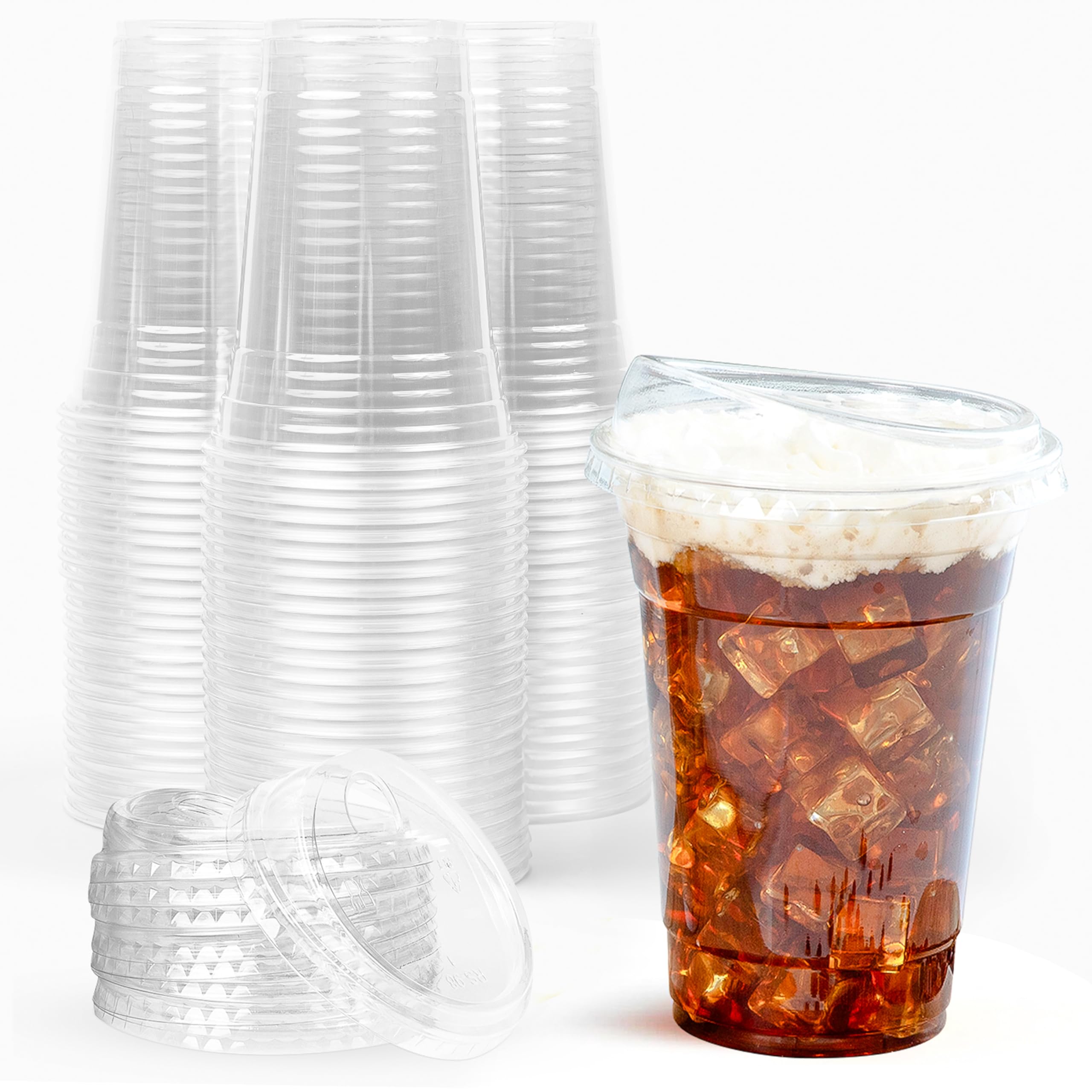 Prestee 100 Clear Disposable Iced Coffee Cups with Lids, 16oz - Plastic Cups with Strawless Sip Lids - Durable Cold Brew, Smooth