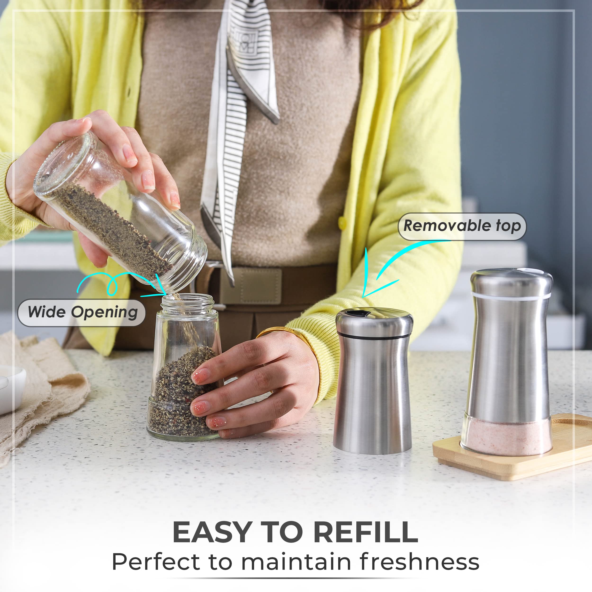 Salt And Pepper Shakers Set With Adjustable Pour Holes - Elegant Stainless Steel Spice Dispenser - Perfect For Himalayan, Table