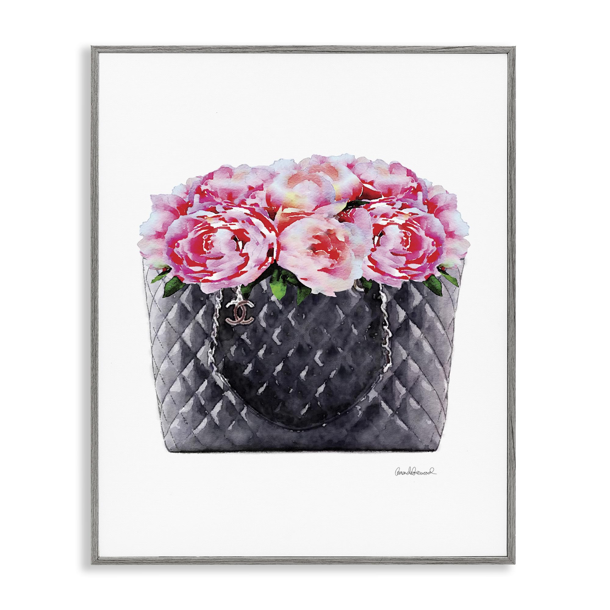 Stupell Industries Pink Flower Purse Glam Fashion Watercolor Design, Designed by Amanda Greenwood Wall Art, 11 x 1.5 x 14, Grey 