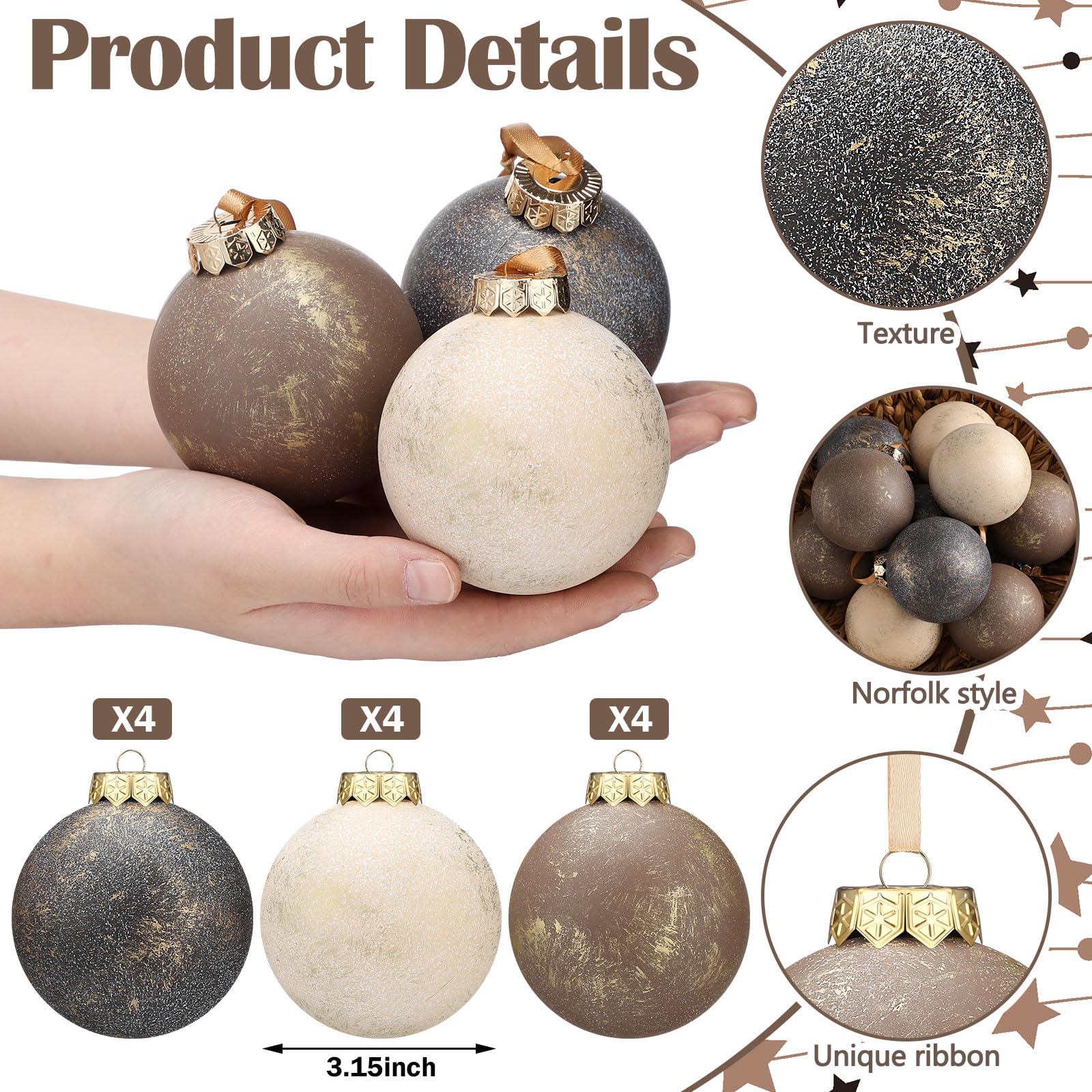 Yunlly 12 Pcs Large Neutral Textured Christmas Ball Ornaments 3.15 Inch Vintage Rustic Metallic Brown Xmas Bulbs Ornament Shatte
