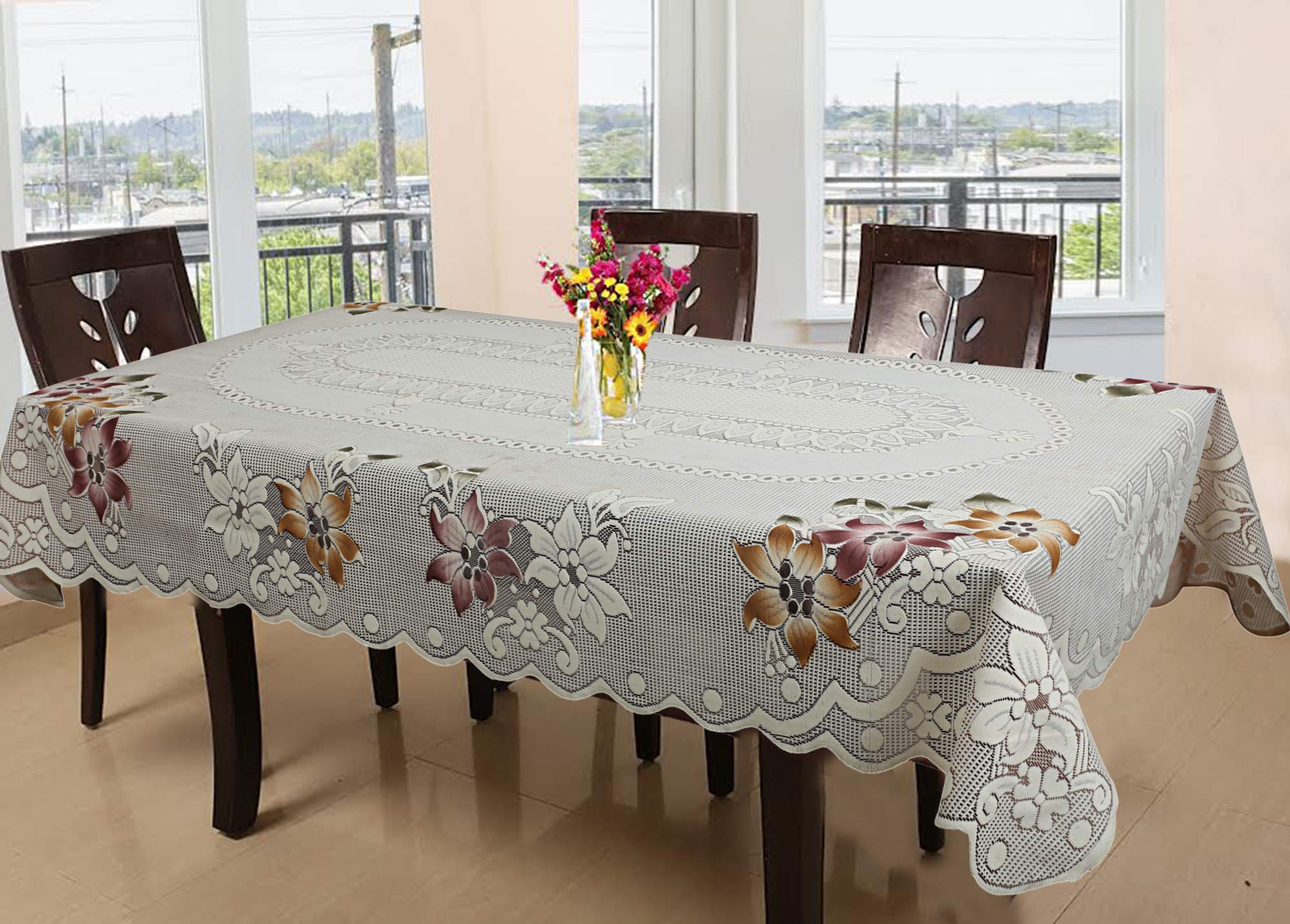 Kuber Industries Floral Cotton 6 Seater Dinning Table Cover - Brown