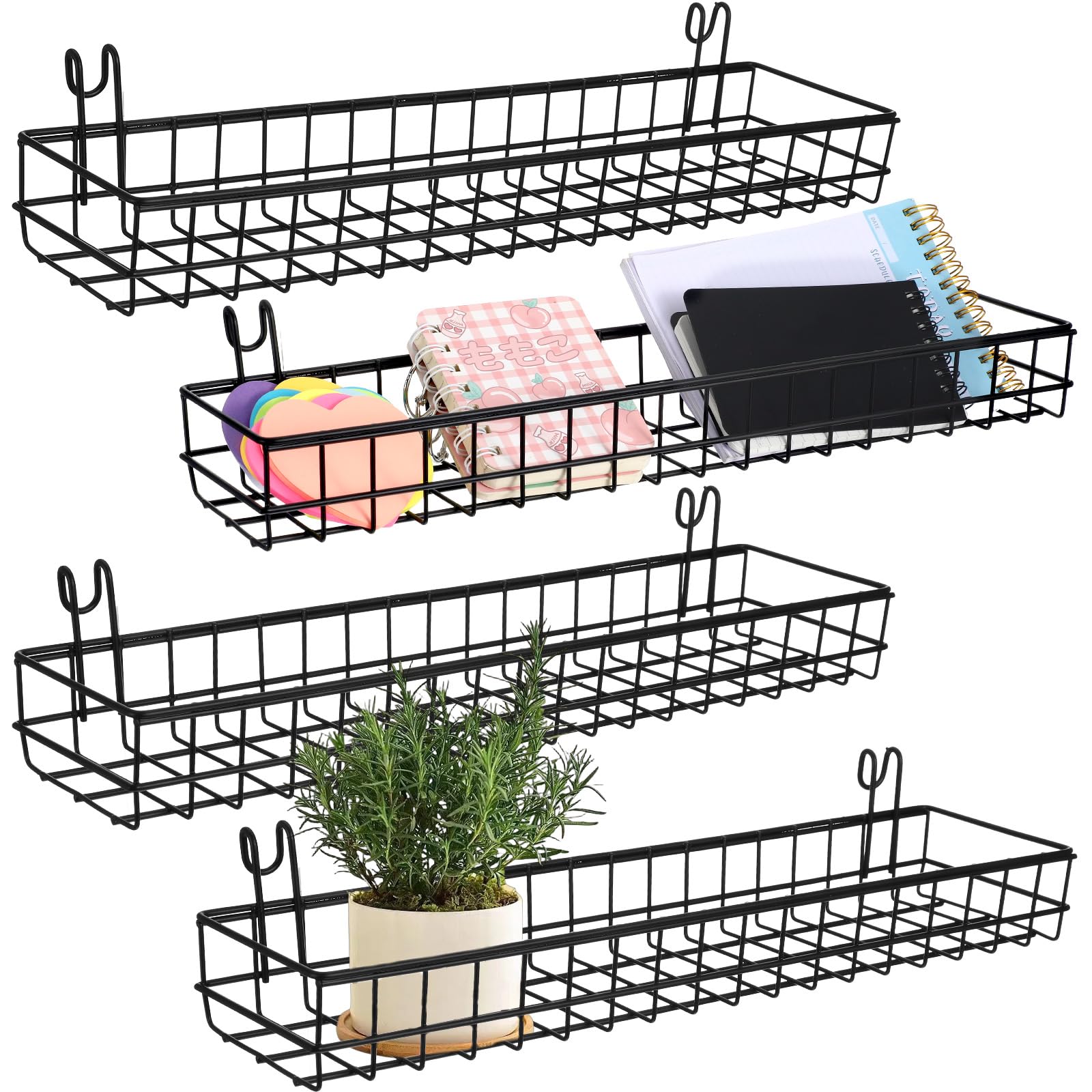 4 Pcs 15.75 x 3.94 x 1.97 Inch Metal Grid Wall Baskets with Hooks Grid Wall Shelves Hanging Wire Basket Multi Function Storage O