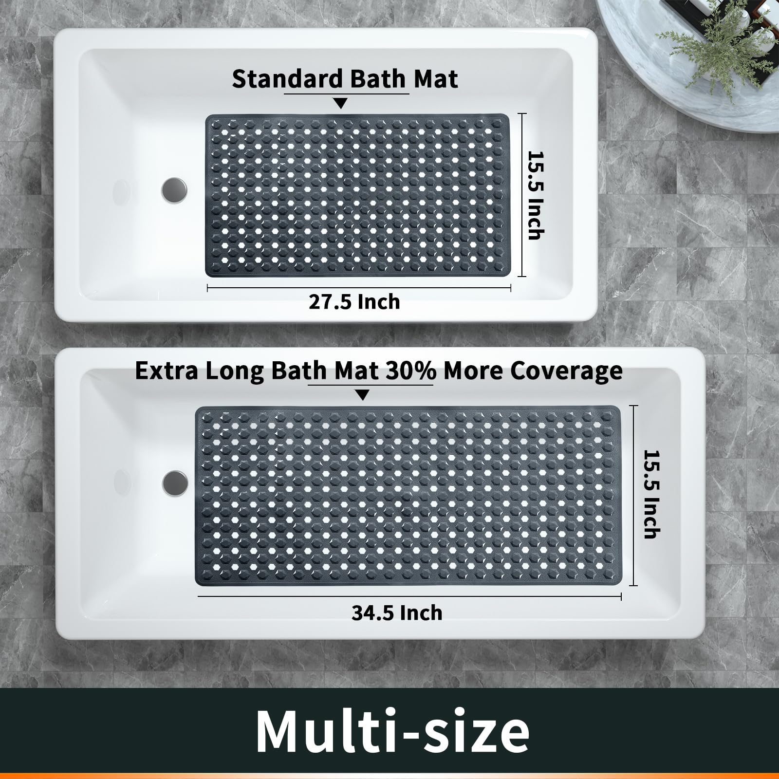 Yimobra Bathtub Shower Mat 34.5 X 15.5, Non Slip Bath Mats For Tub Floor With Drain Hole And Suction Cups, Soft On Feet, Machine