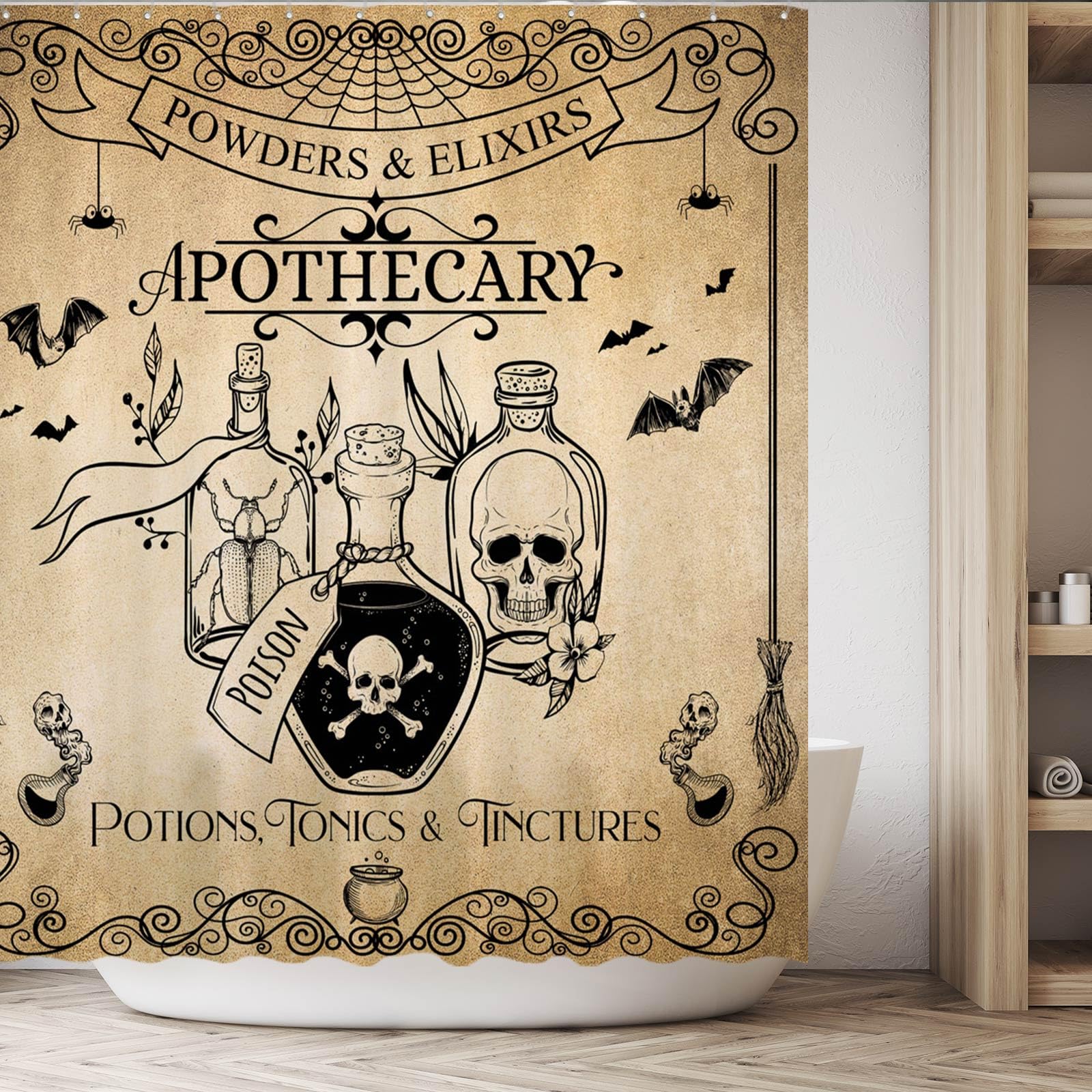 Funnytree 72''X72'' Halloween Apothecary Bat Magical Chemistry Witch Wicca Potions Poison Skull Shower Curtain For Bathroom Deco