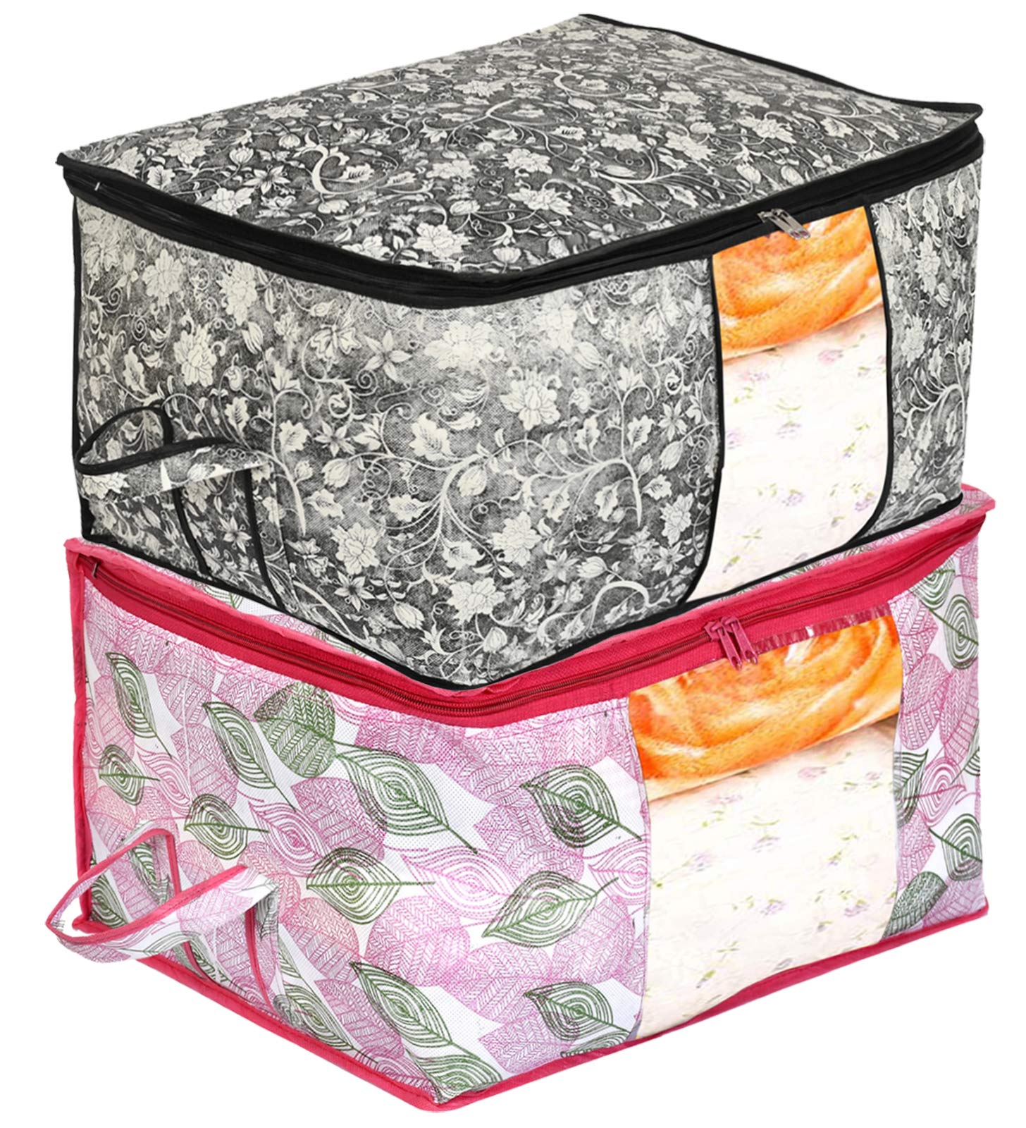 Kuber Industries Metalic Leafy,Flower Print Non Woven 2 Pieces Underbed Storage Bag,Cloth Organiser,Blanket Cover With Transpare