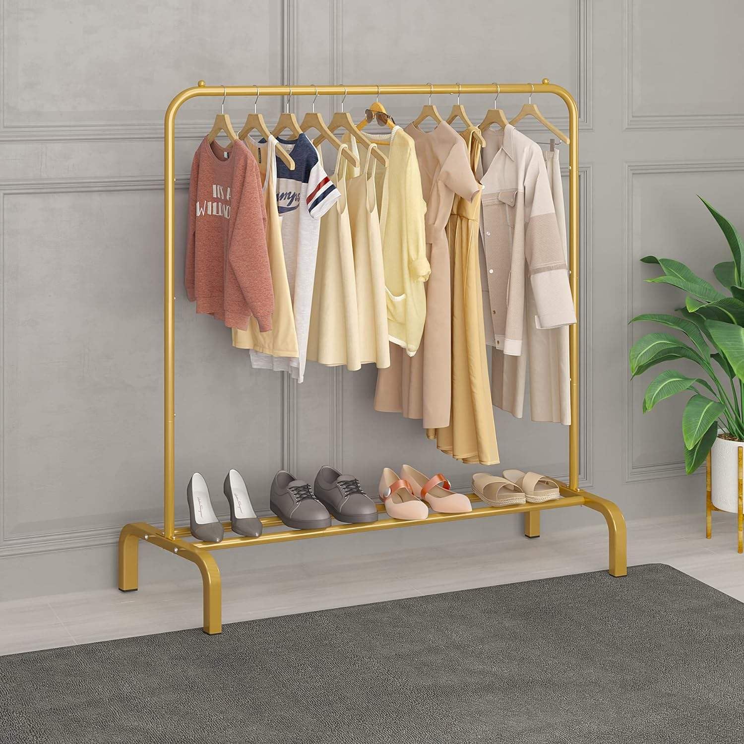 Keekos Single Pole Coat Hanger/Cloth Stand/Garment Stand With Bottom Shelves - Metal Garment Rack For Organized Storage 8 Hook (