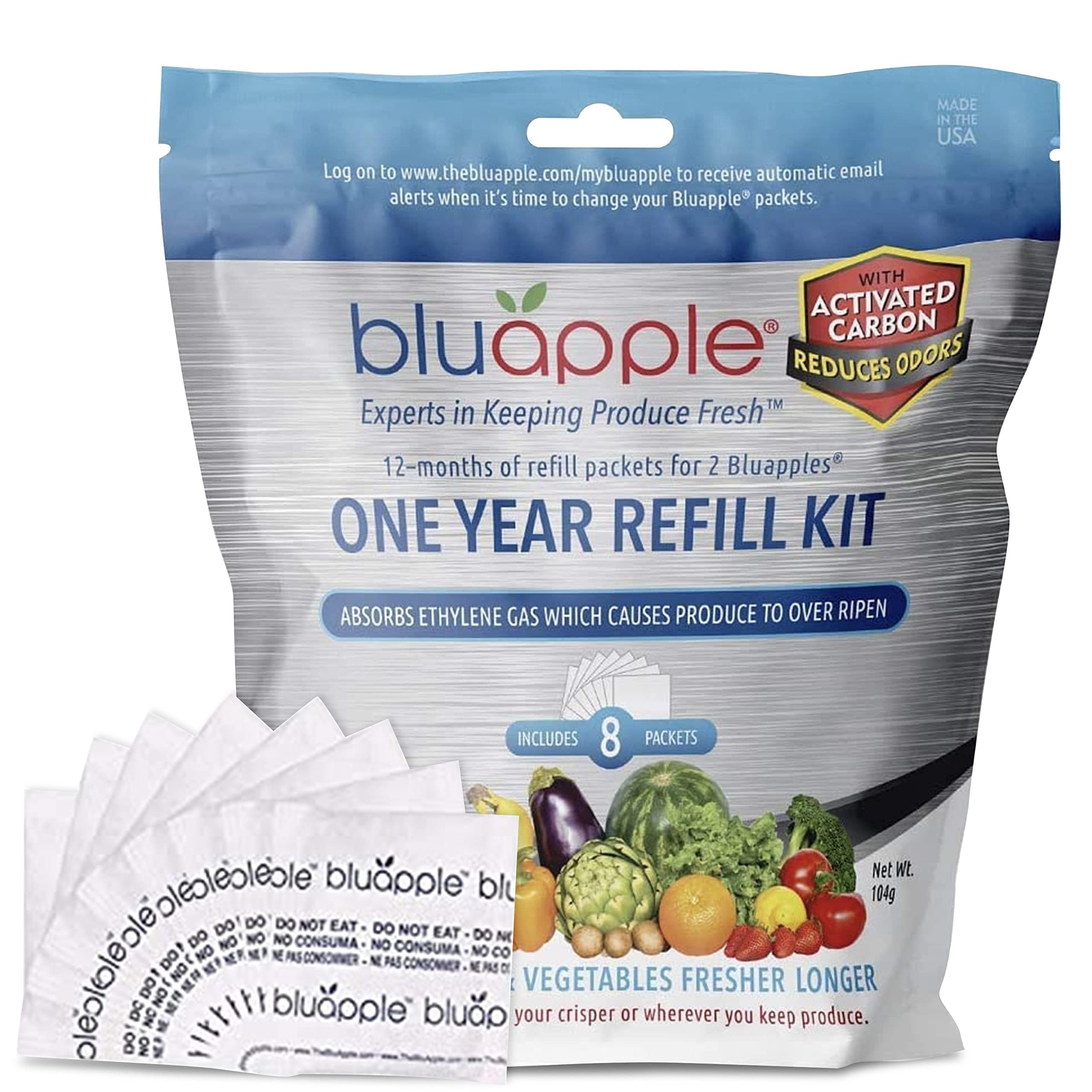 Bluapple 1 Year Carbon Refill Kit Includes 8 Packets For 2 Bluapples With Carbon - For 1 Full Year To Keep Produce Fresh Longer