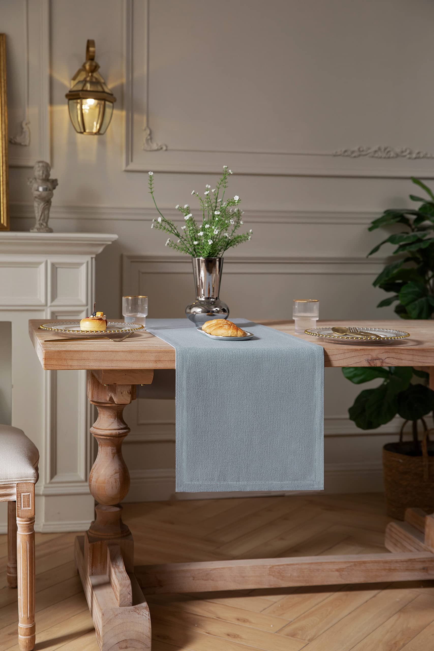 ZeeMart Burlap Style Farmhouse Table Runners 36 Inches Long  Dusty Blue Rustic Woven Dining Table Runner for Everyday Use  14x36 Inches  Light Dusty Blue