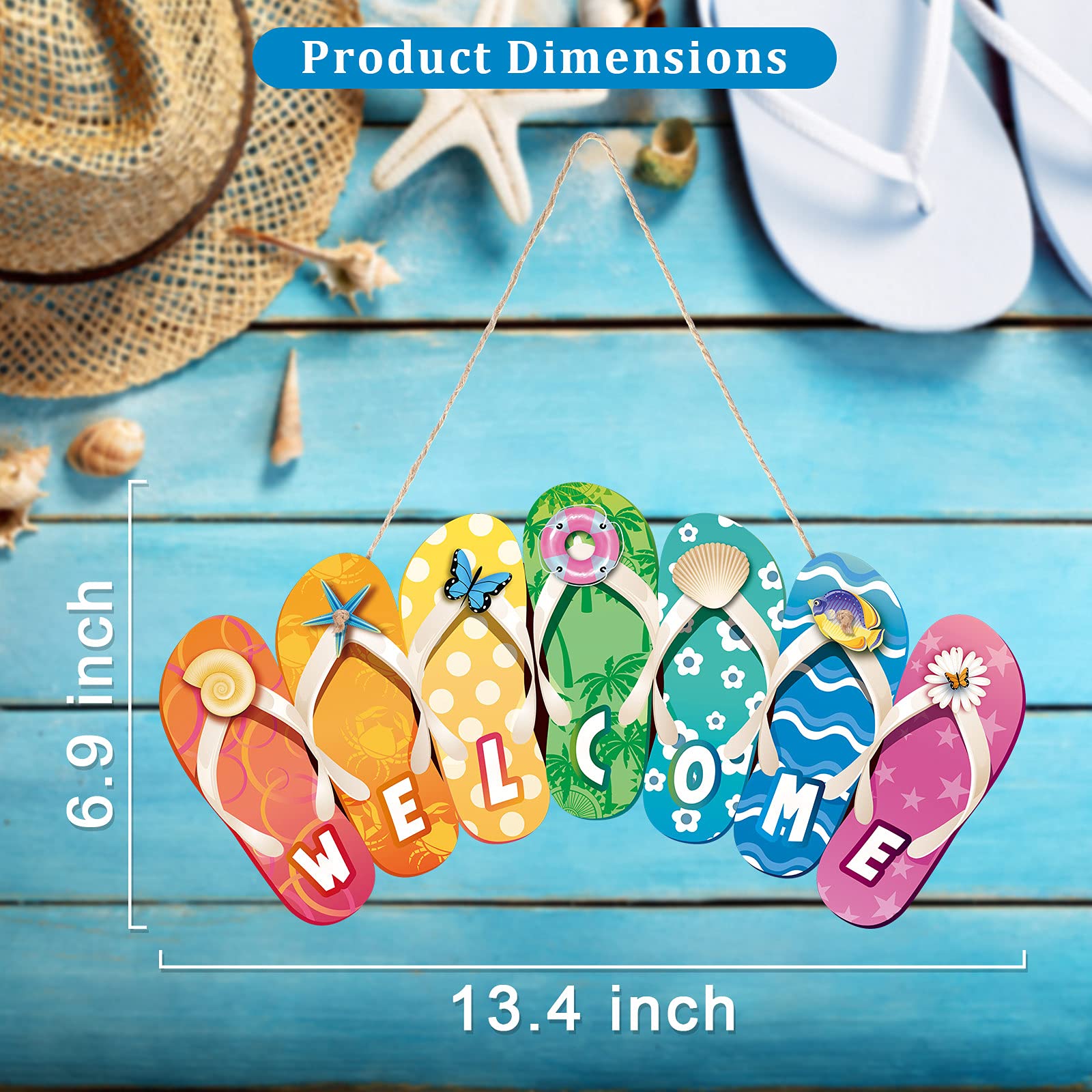 Summer Slippers Hanging Sign Shape Welcome Hello Flip Flop Wooden Door Plaque Rustic Wall Sign Yard Indoor Outdoor Garden Decora
