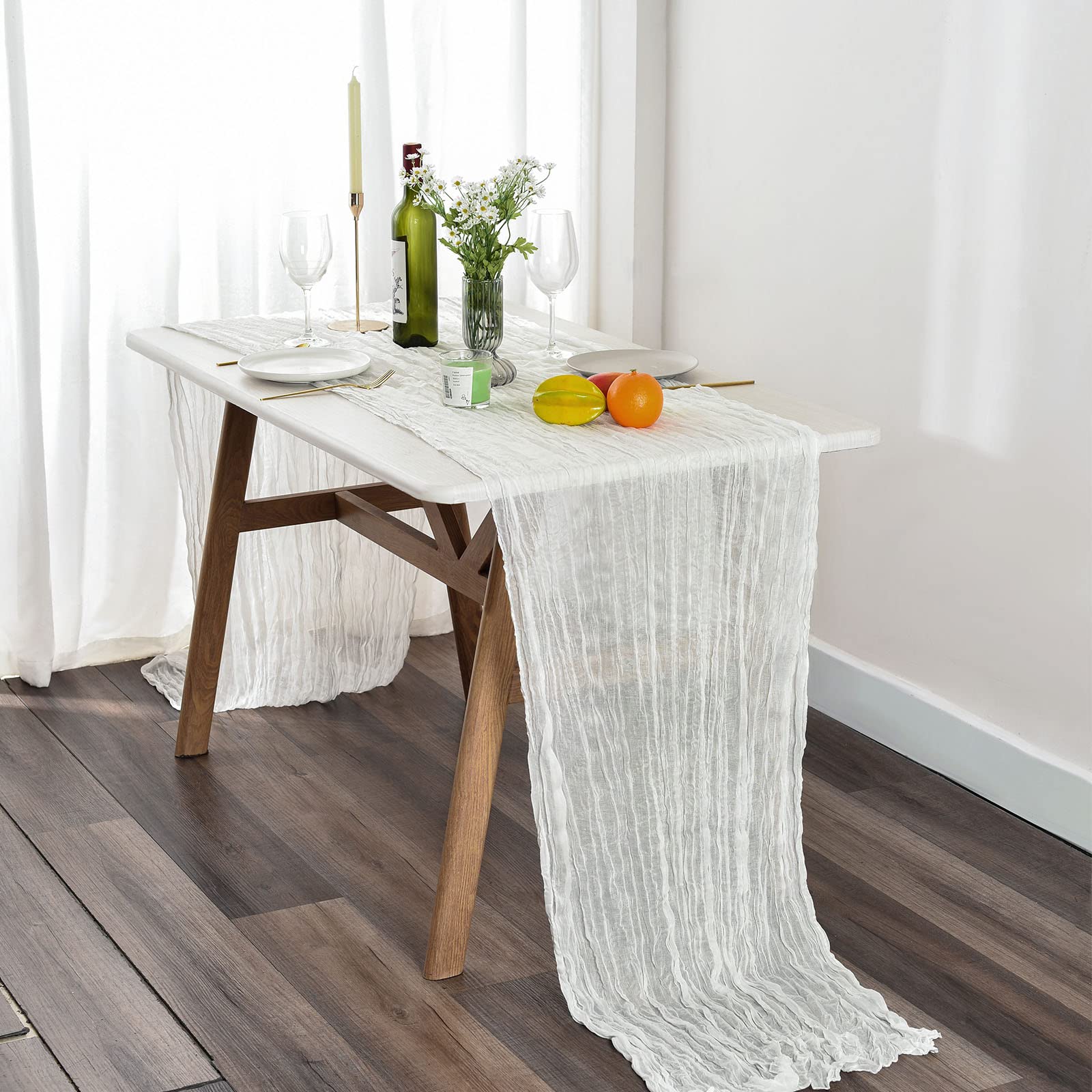 Icosamro White Cheesecloth Table Runner Set Of 2, 13Ft (36X157 Inch), Boho Cheese Gauze Cream Beige Decoration For Fall Thanksgi