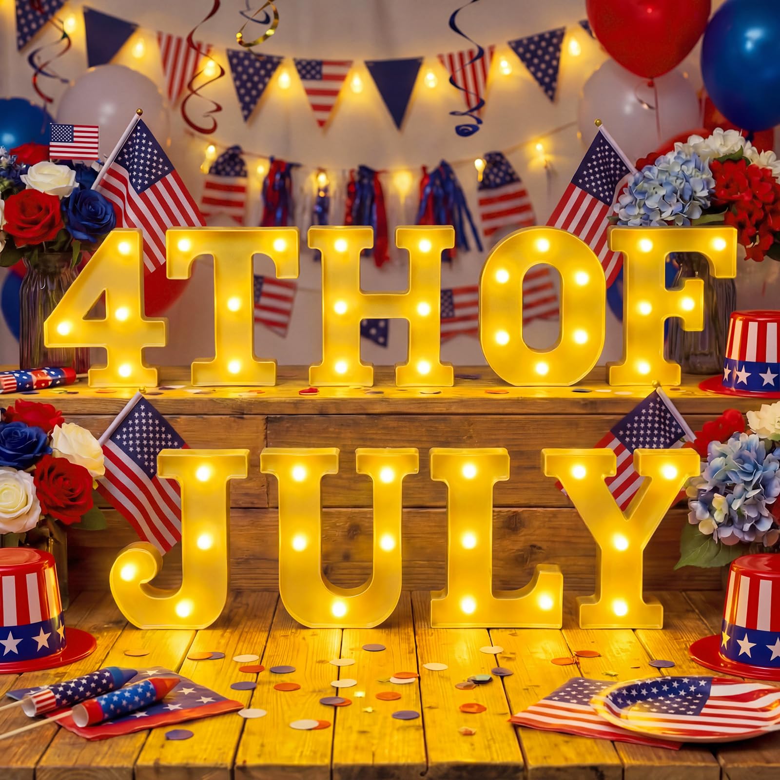 Honoson 9 Pcs 4th of July Lights Decoration Patriotic Party LED Lights Decoration Neon Table Sign for Memorial Veterans 250th In