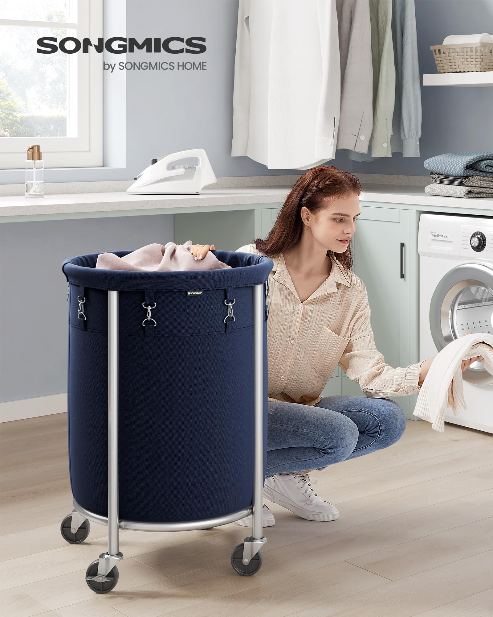 Songmics Laundry Basket With Casters, Rolling Laundry Hamper, 29 Gal., Round Laundry Cart With Steel Frame And Removable Bag, 4